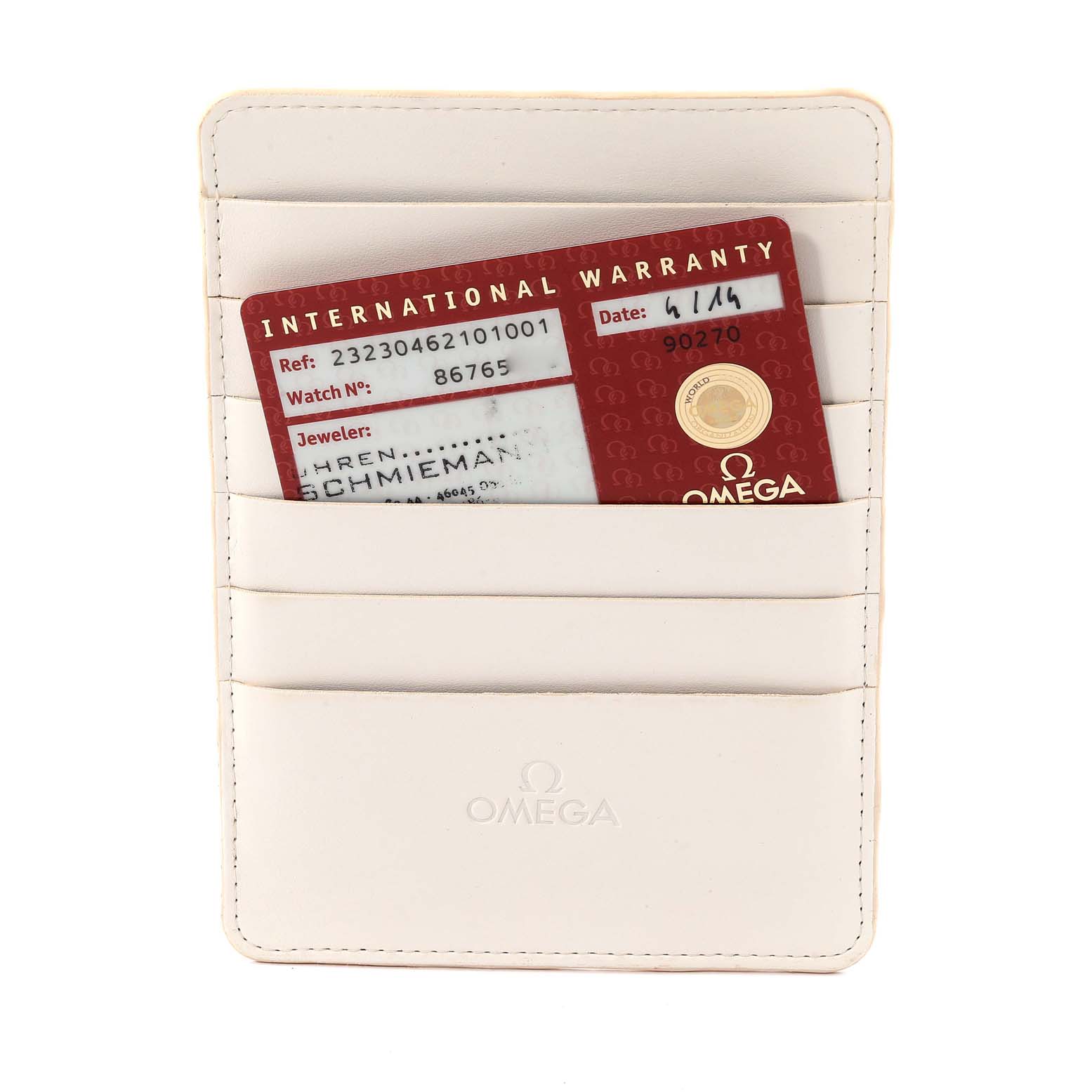 The image shows an Omega Planet Ocean 232.30.46.21.01.001 Men
s Stainless Steel Black Dial 232.30.46.21.01.001 Men
s Stainless Steel Black Dial model
s international warranty card in a white Omega cardholder.