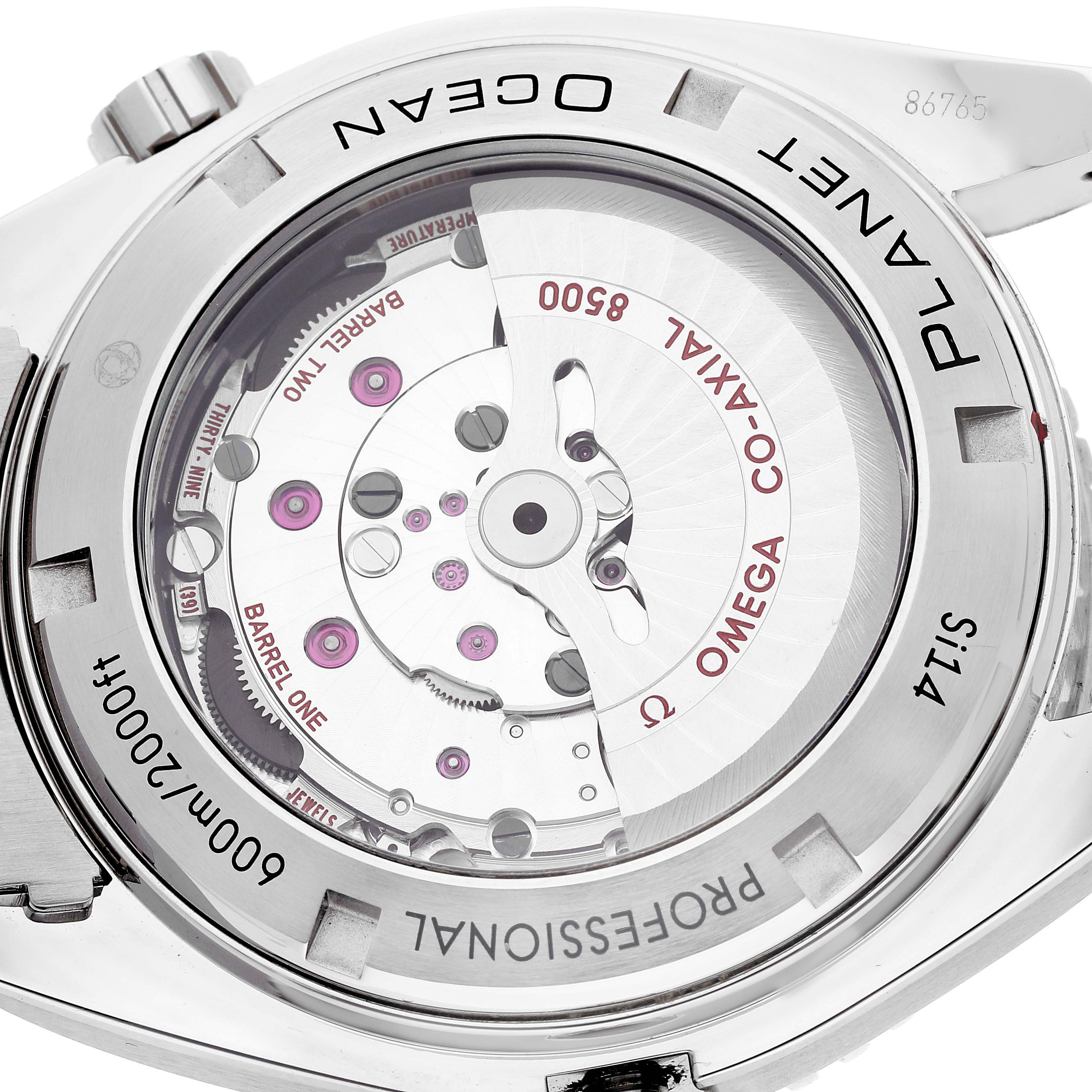 This image shows the back of the Omega Planet Ocean 232.30.46.21.01.001 Men
s Stainless Steel Black Dial 232.30.46.21.01.001 Men
s Stainless Steel Black Dial watch, highlighting its exposed mechanical movement.