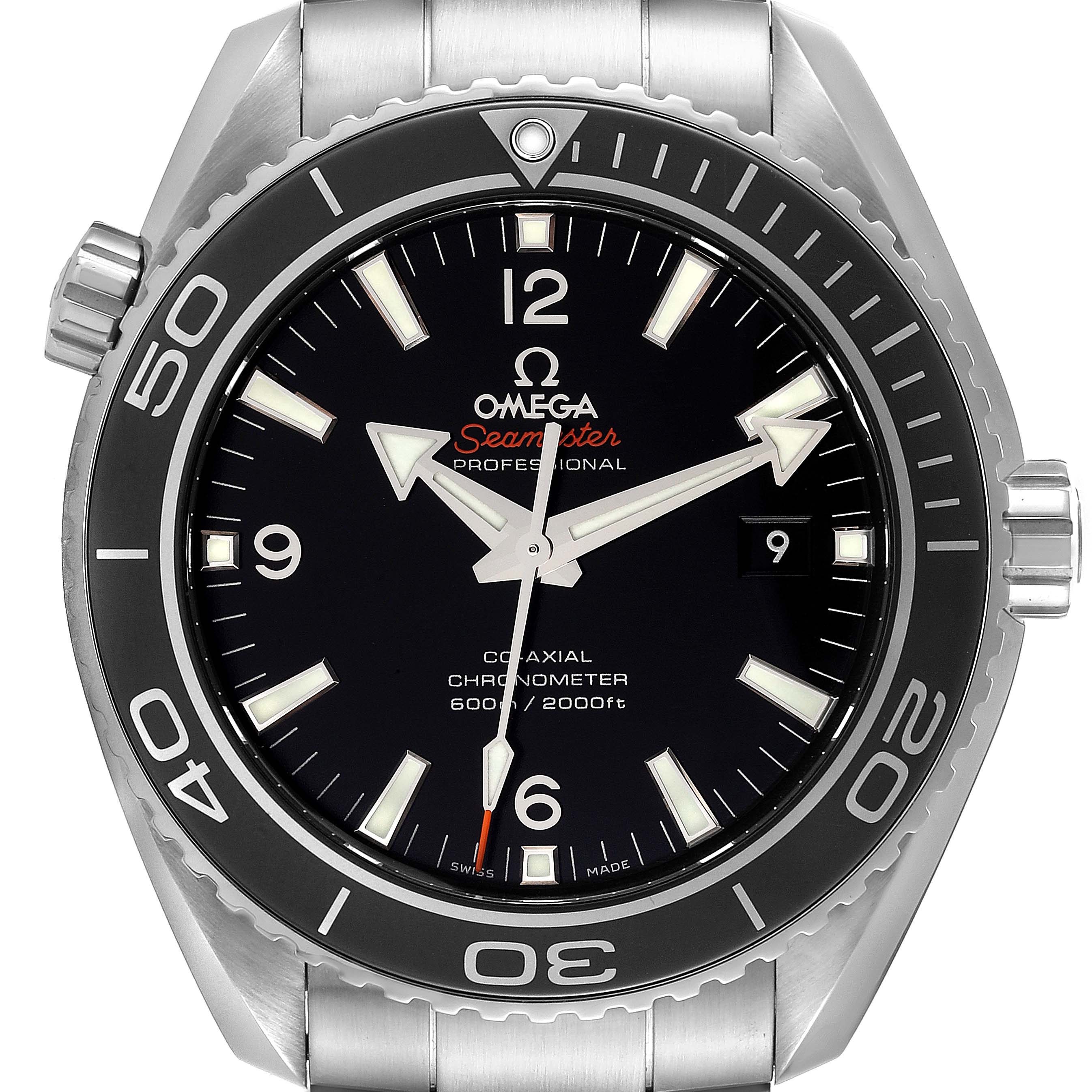 The image shows a front view of the Omega Planet Ocean 232.30.46.21.01.001 Men
s Stainless Steel Black Dial 232.30.46.21.01.001 Men
s Stainless Steel Black Dial watch, displaying its dial, bezel, and crown.