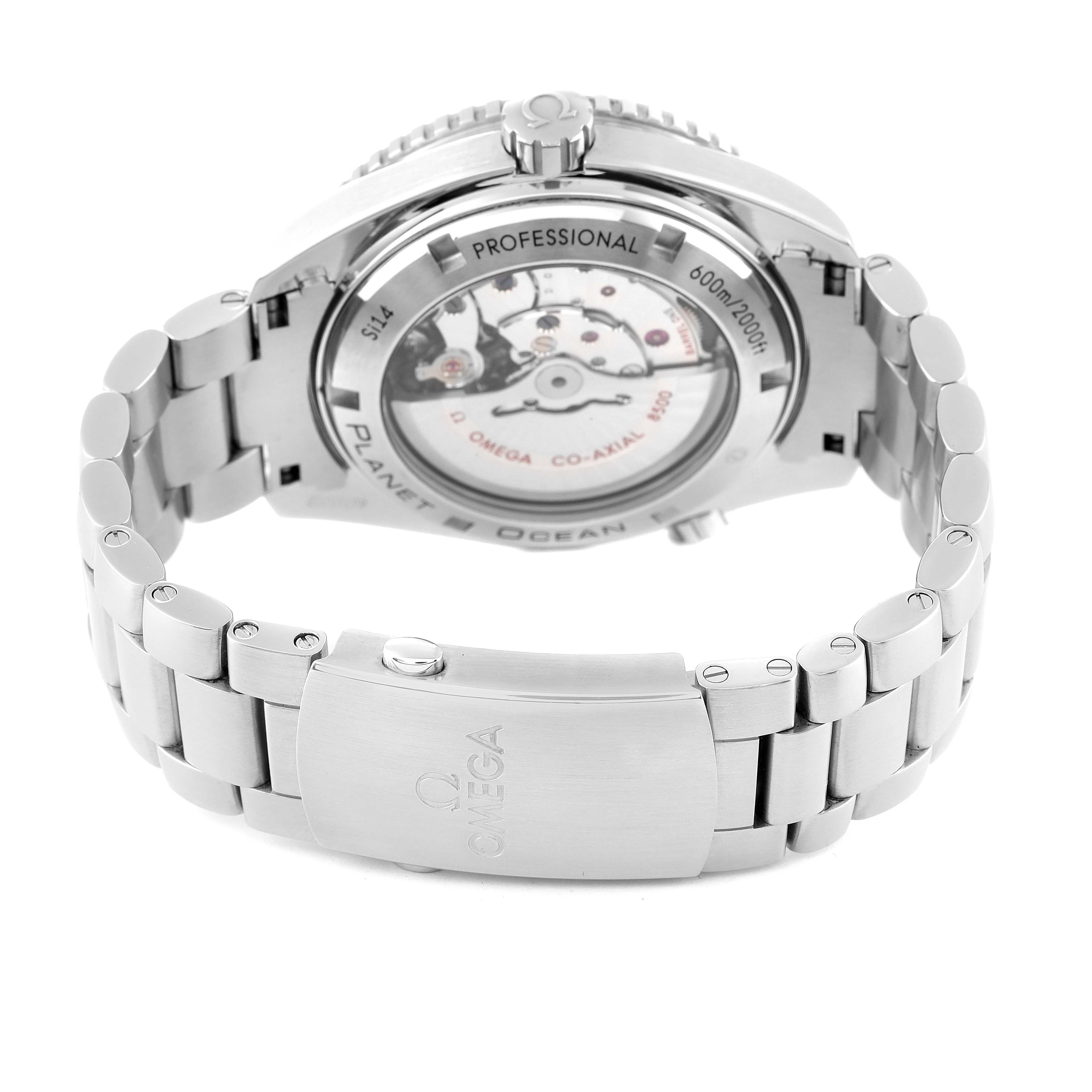 The image shows the back view of the Omega Planet Ocean 232.30.46.21.01.001 Men
s Stainless Steel Black Dial 232.30.46.21.01.001 Men
s Stainless Steel Black Dial watch, highlighting its case back and metal bracelet clasp.