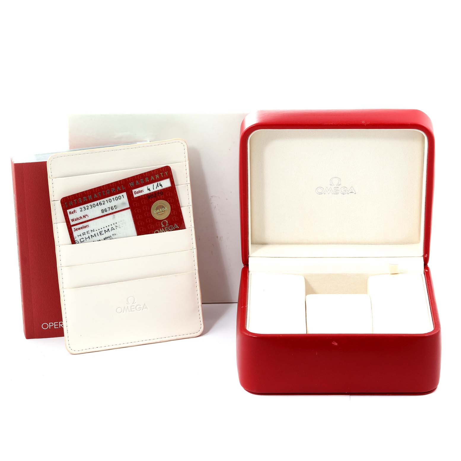 The image shows the Omega Planet Ocean 232.30.46.21.01.001 Men
s Stainless Steel Black Dial 232.30.46.21.01.001 Men
s Stainless Steel Black Dial watch accessories, including a red watch box, warranty cards, and an instruction booklet.