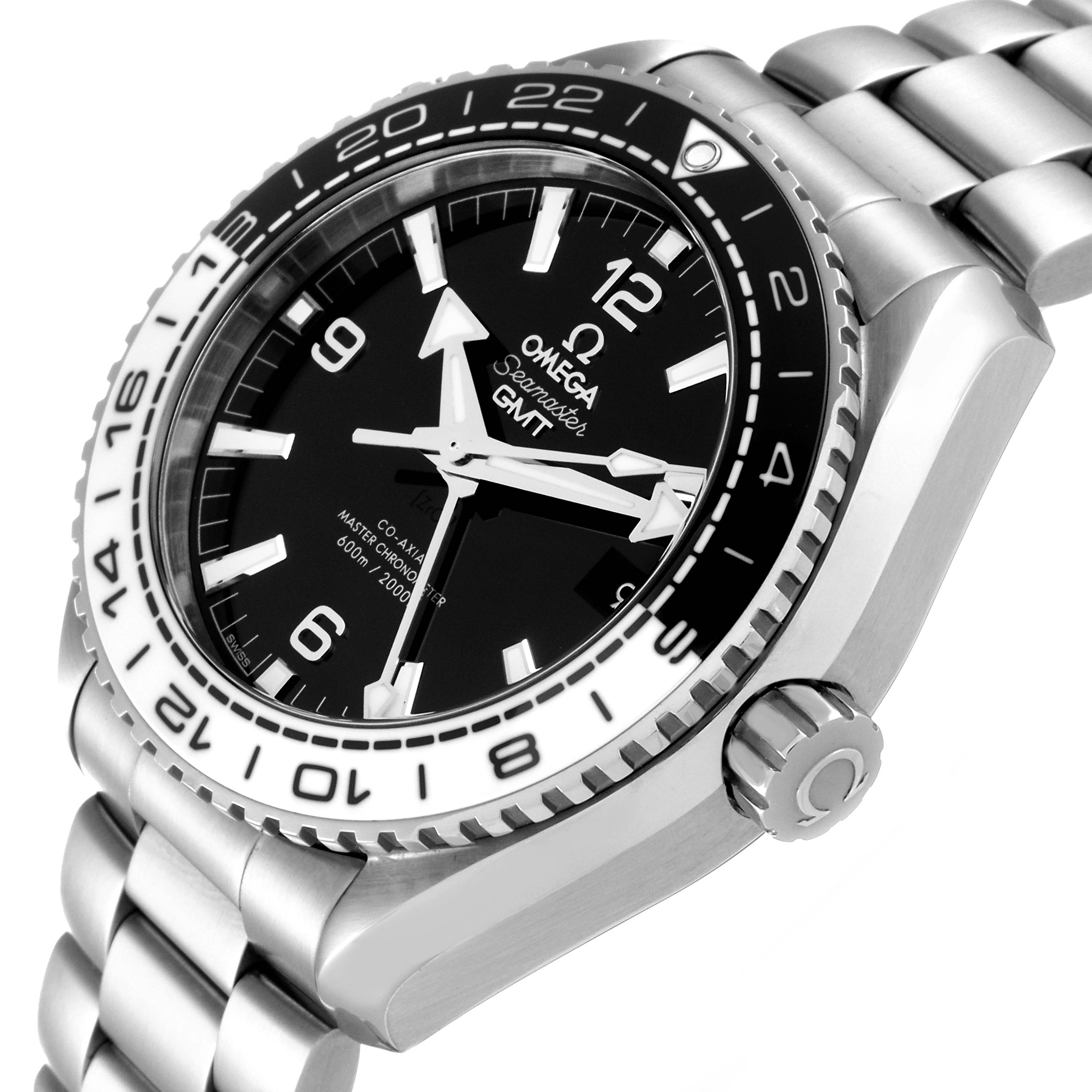 The image shows an angled view of the Omega Seamaster Planet Ocean GMT watch, highlighting its face, bezel, crown, and bracelet.