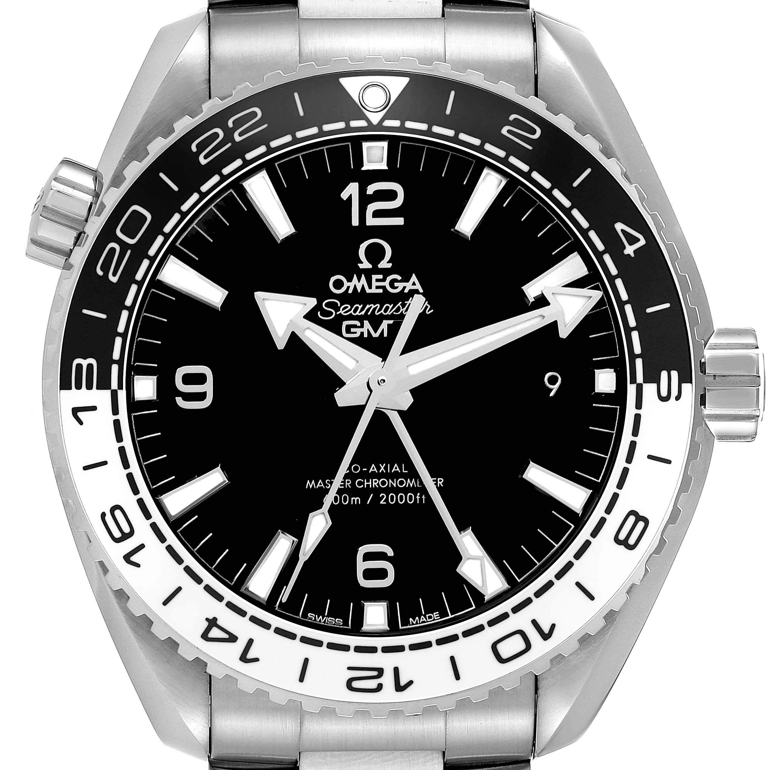 The image shows a front view of the Omega Planet Ocean 215.30.44.22.01.001 Men
s Stainless Steel Black Dial 215.30.44.22.01.001 Men
s Stainless Steel Black Dial watch, displaying the dial, hands, bezel, and part of the bracelet.