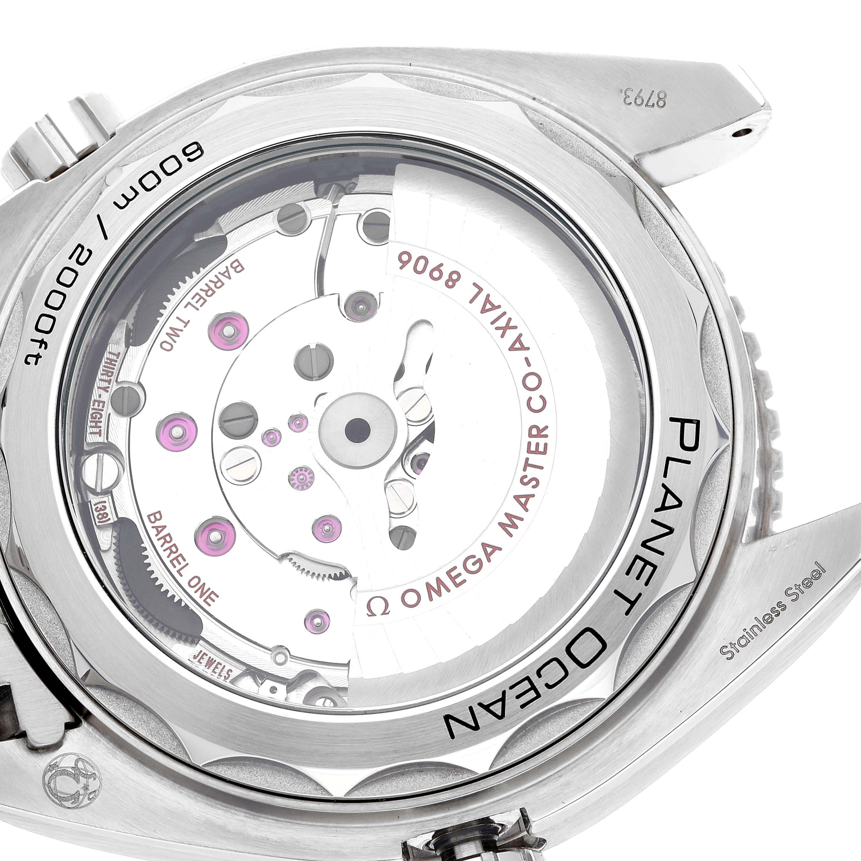 The image shows the back view of an Omega Planet Ocean 215.30.44.22.01.001 Men
s Stainless Steel Black Dial 215.30.44.22.01.001 Men
s Stainless Steel Black Dial watch, highlighting the visible mechanical movement and rotor through the transparent case back.