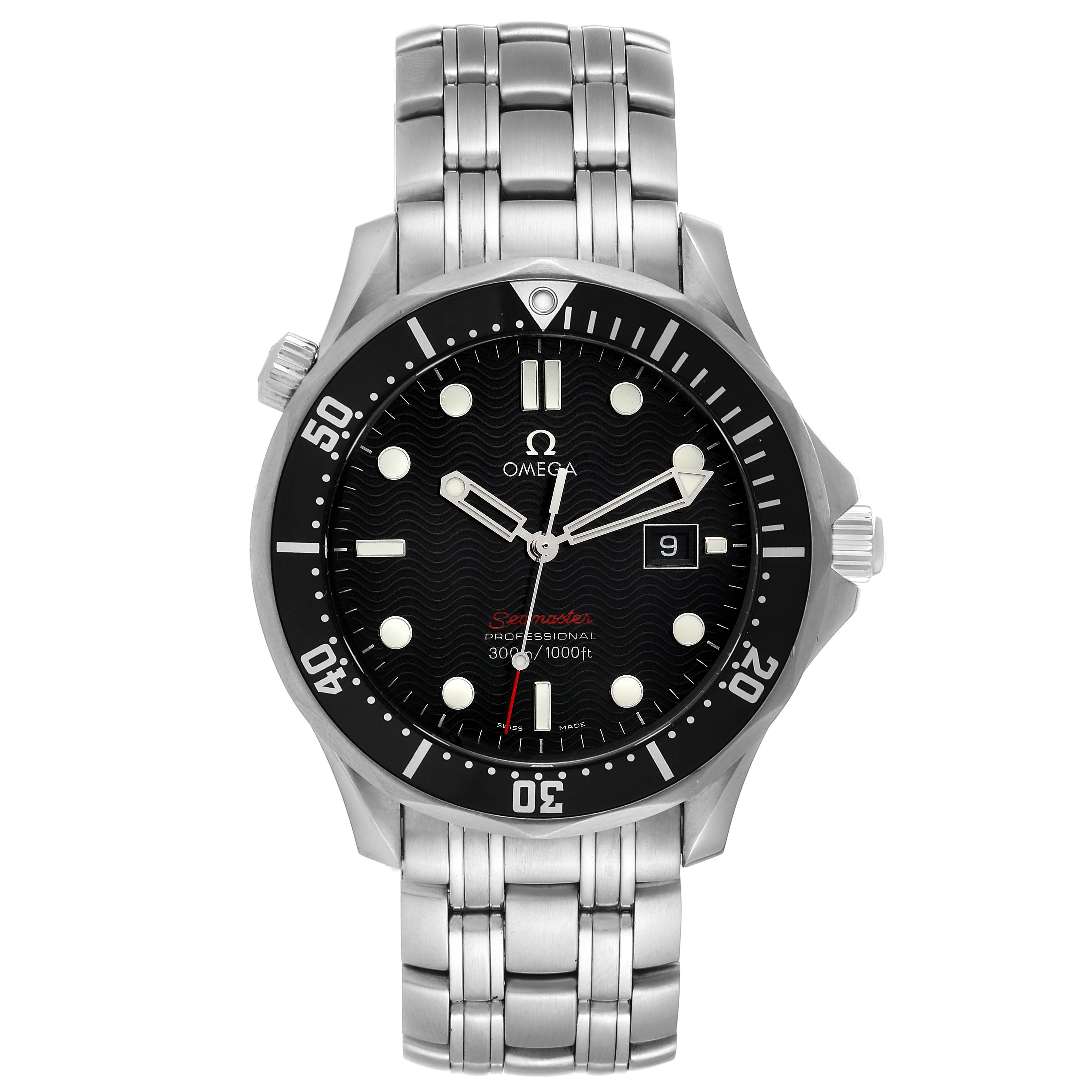This image shows a front view of an Omega Seamaster 212.30.41.61.01.001 Men's Stainless Steel Black Dial 212.30.41.61.01.001 Men's Stainless Steel Black Dial watch, highlighting its face, bezel, and stainless steel bracelet.