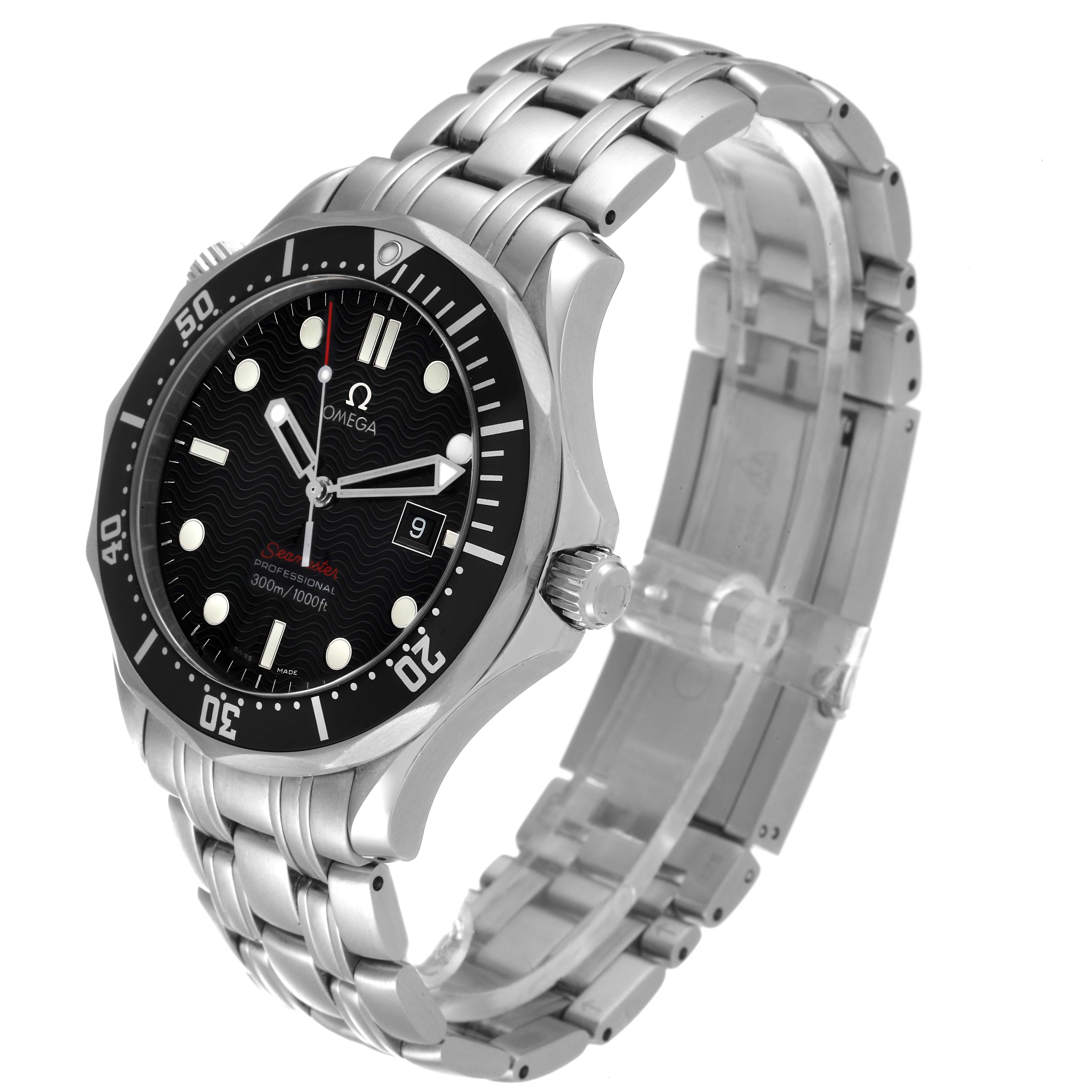 This image shows an Omega Seamaster 212.30.41.61.01.001 Men's Stainless Steel Black Dial 212.30.41.61.01.001 Men's Stainless Steel Black Dial watch from a front-side angle, highlighting the bezel, dial, crown, and bracelet.