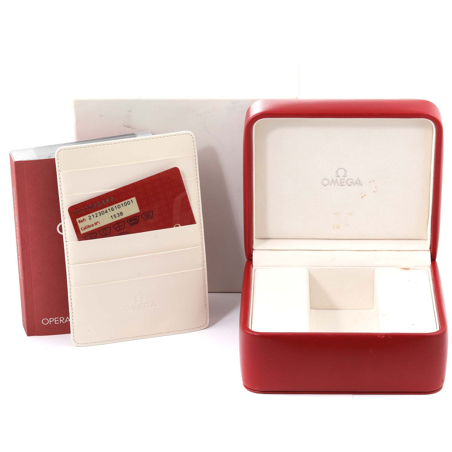 The image shows an Omega Seamaster 212.30.41.61.01.001 Men's Stainless Steel Black Dial 212.30.41.61.01.001 Men's Stainless Steel Black Dial watch box, warranty cards, cardholder, and booklet from a front angle.