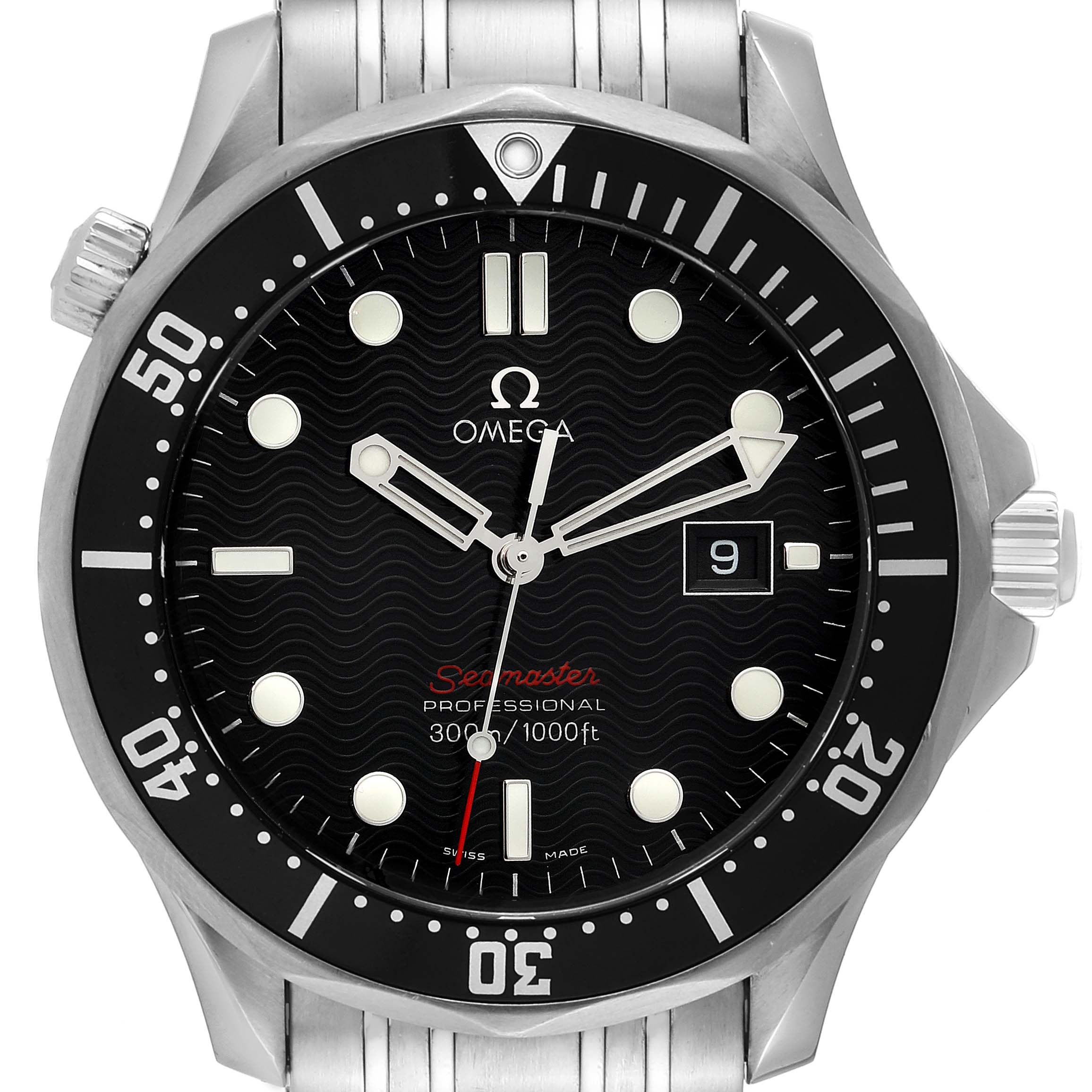The image shows a frontal view of an Omega Seamaster 212.30.41.61.01.001 Men's Stainless Steel Black Dial 212.30.41.61.01.001 Men's Stainless Steel Black Dial watch, highlighting its face, bezel, and part of the bracelet.
