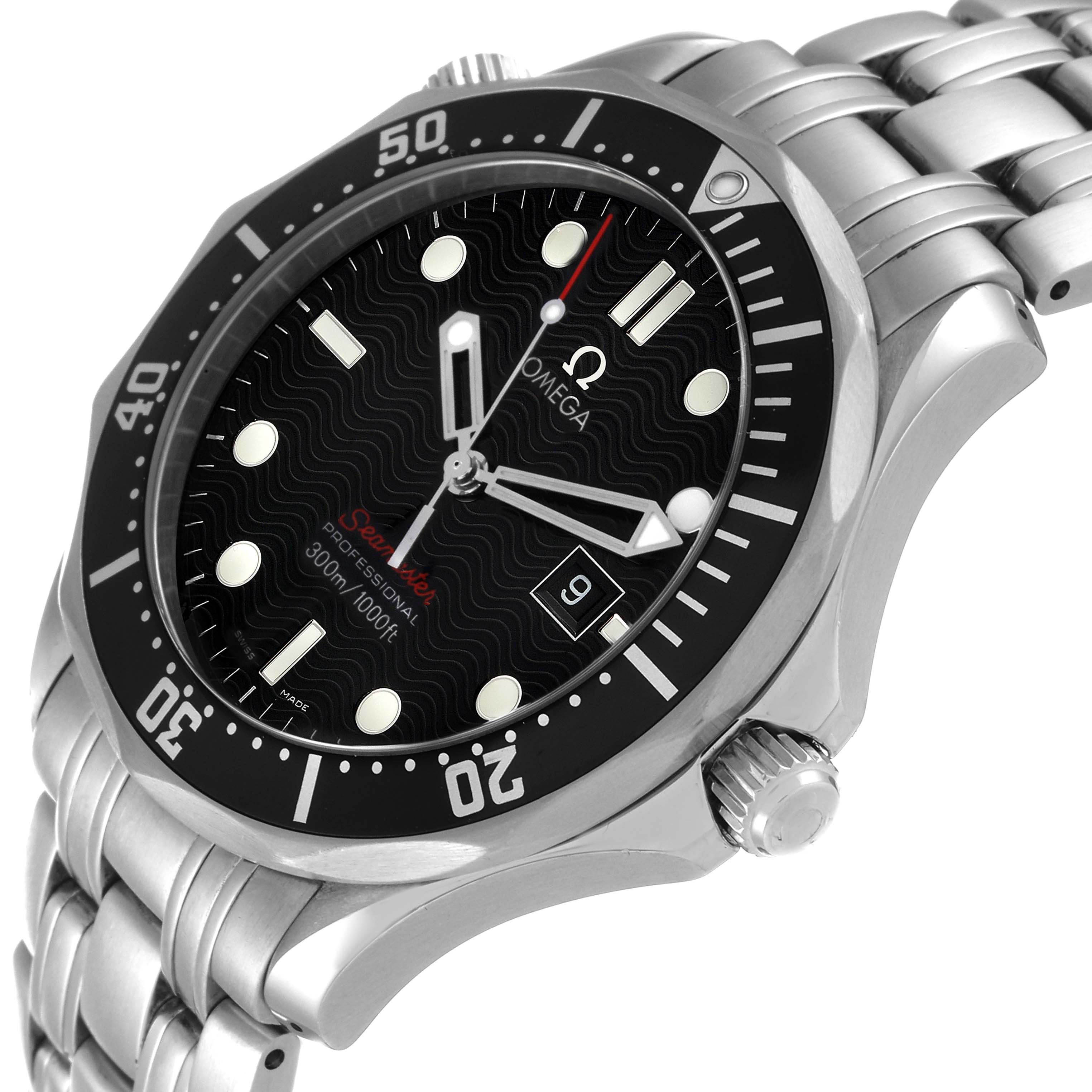 The image shows a side angle of the Omega Seamaster 212.30.41.61.01.001 Men's Stainless Steel Black Dial 212.30.41.61.01.001 Men's Stainless Steel Black Dial watch, highlighting the bezel, dial, crown, and part of the bracelet.