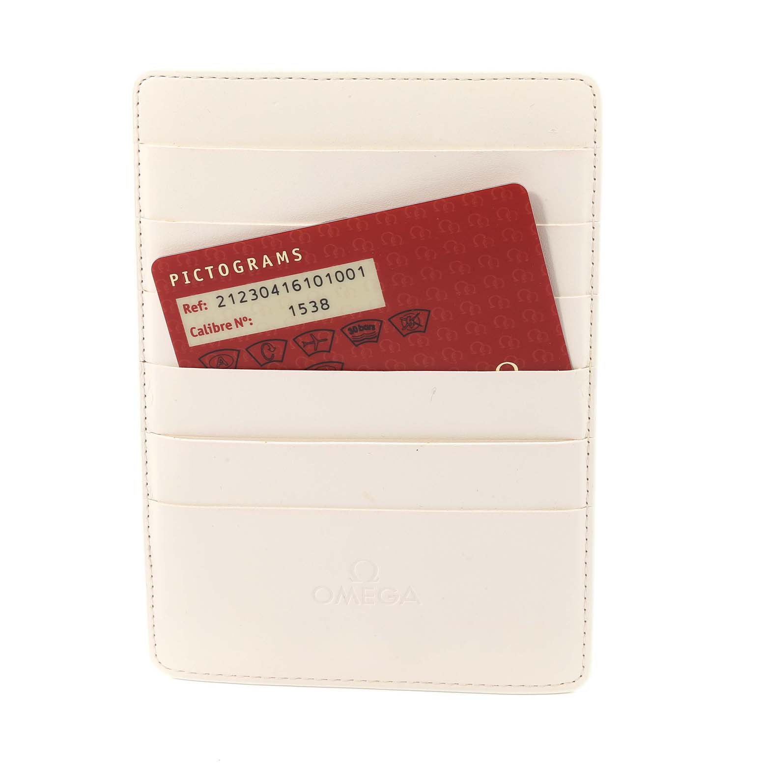 This image shows a white Omega cardholder with a pictogram card for the Omega Seamaster 212.30.41.61.01.001 Men's Stainless Steel Black Dial 212.30.41.61.01.001 Men's Stainless Steel Black Dial model.