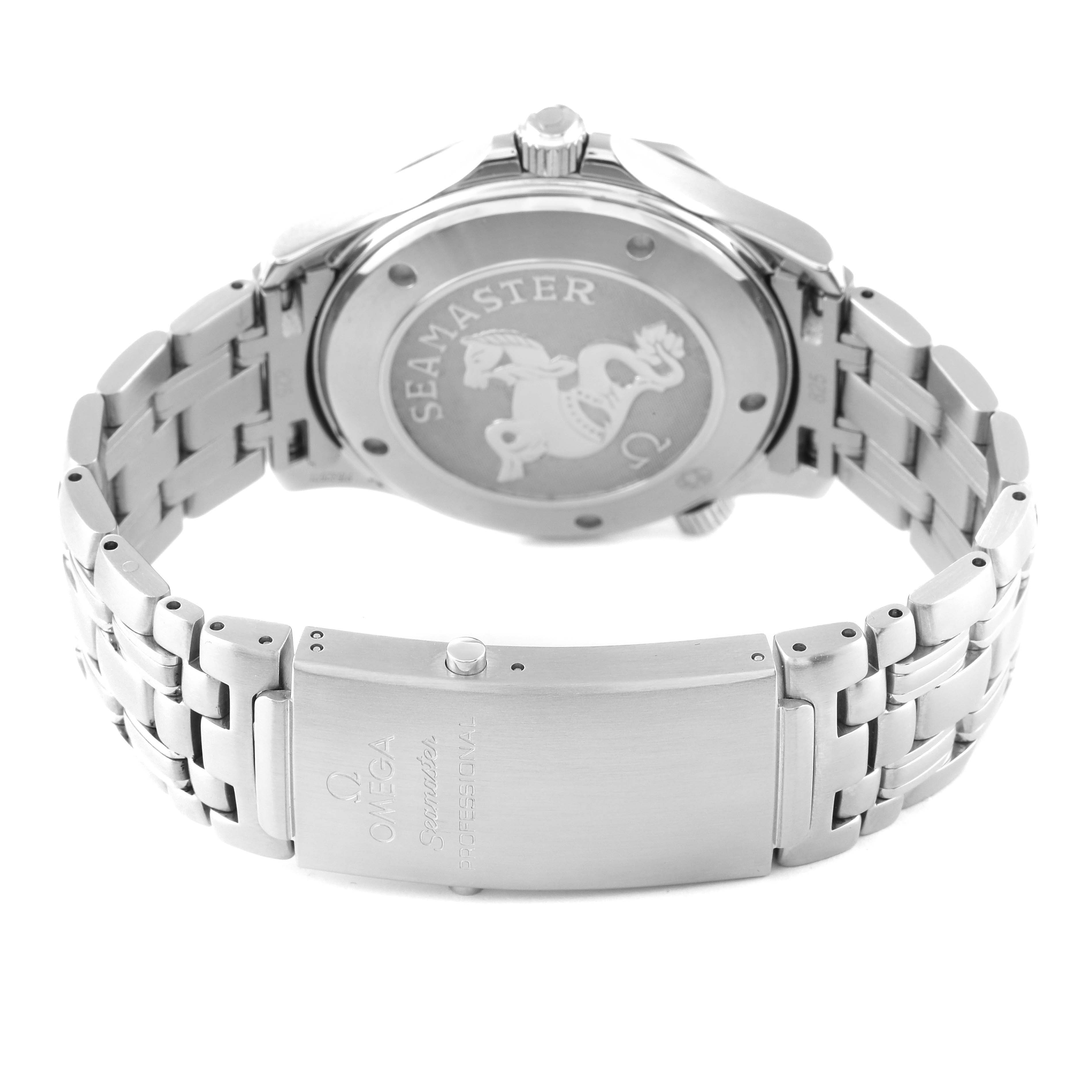 The image shows the back and bracelet of an Omega Seamaster 212.30.41.61.01.001 Men's Stainless Steel Black Dial 212.30.41.61.01.001 Men's Stainless Steel Black Dial watch, highlighting the case back and clasp.