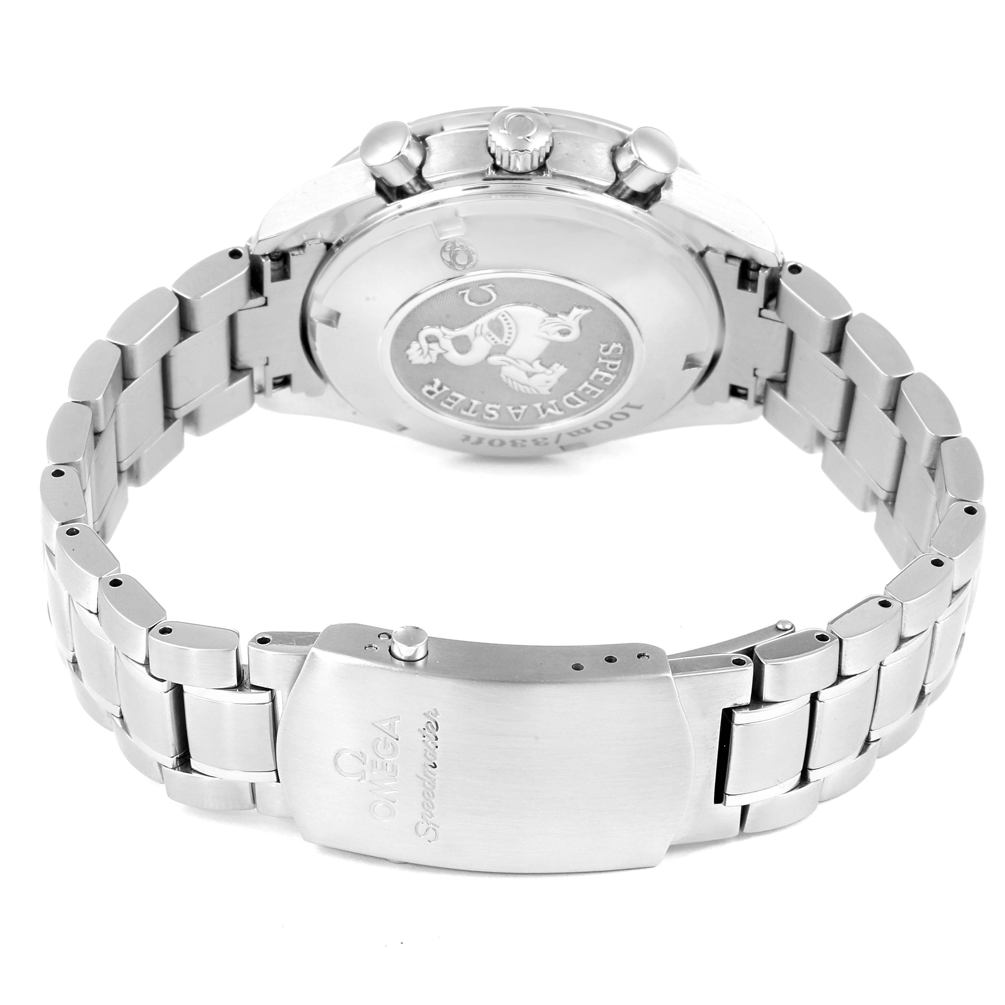 The image shows the back and clasp of the Omega Speedmaster 3222.80.00 Men
s Stainless Steel Blue Dial 3222.80.00 Men
s Stainless Steel Blue Dial watch, highlighting its bracelet and case back.