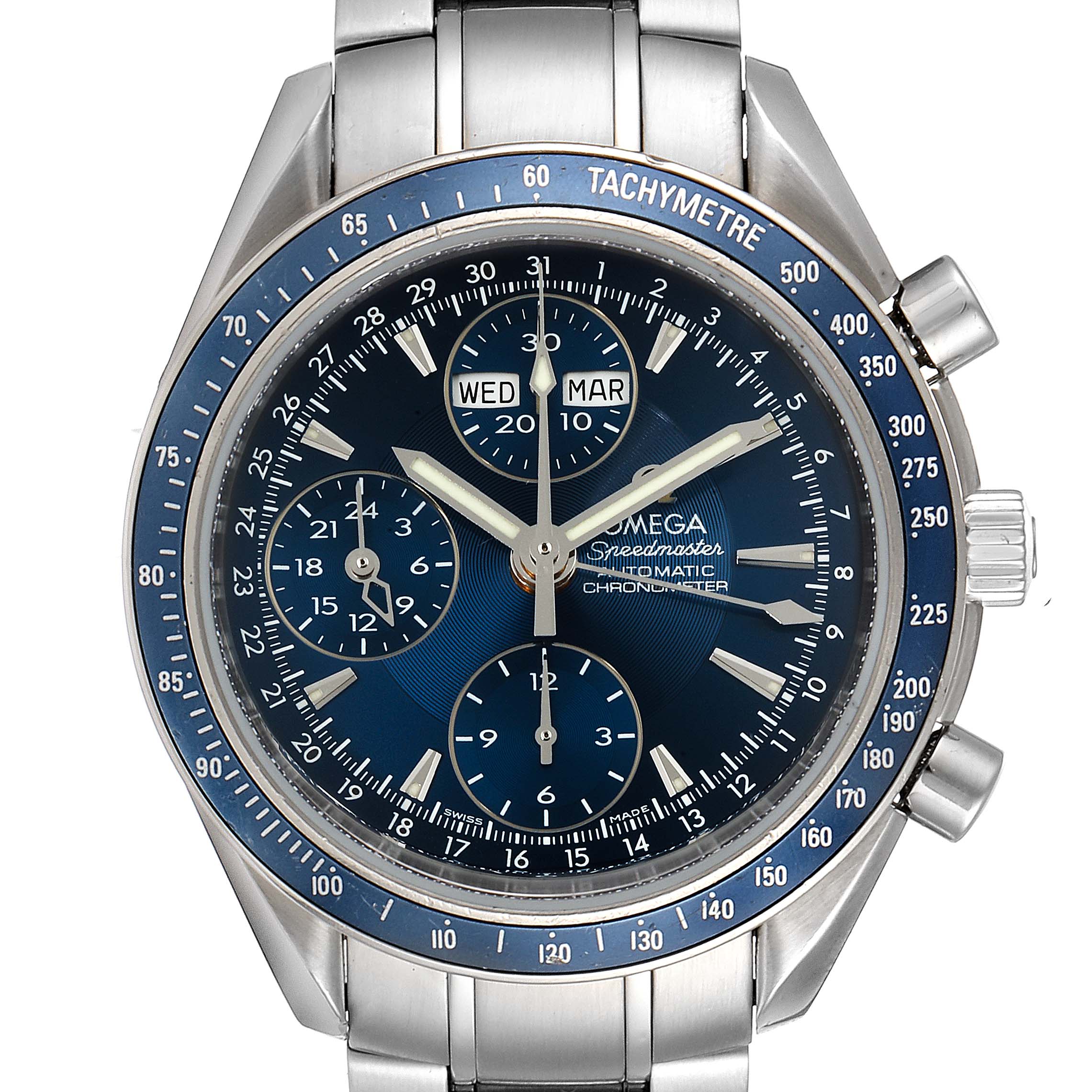 The image shows an Omega Speedmaster 3222.80.00 Men
s Stainless Steel Blue Dial 3222.80.00 Men
s Stainless Steel Blue Dial watch from a front angle, highlighting the dial, bezel, and bracelet.