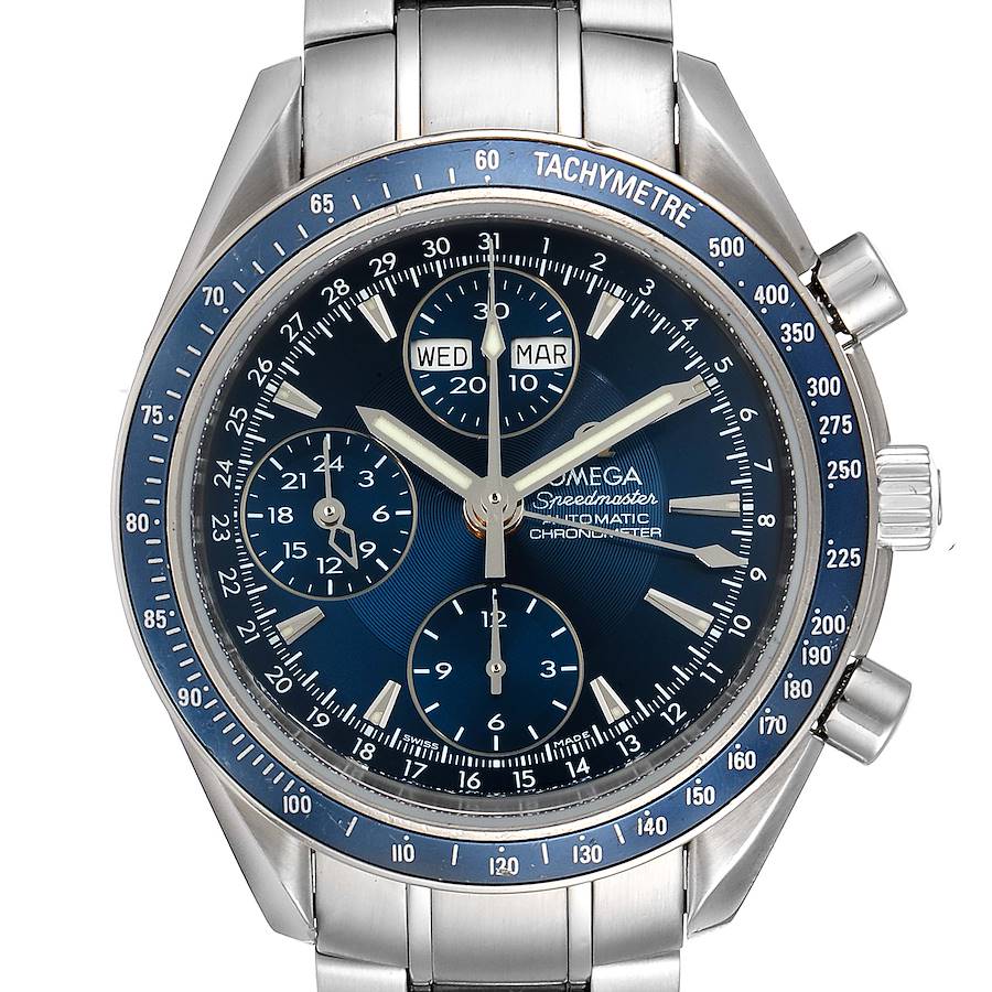 Omega Speedmaster Day Date Blue Dial Chronograph Watch 3222.80.00 Box Papers SwissWatchExpo