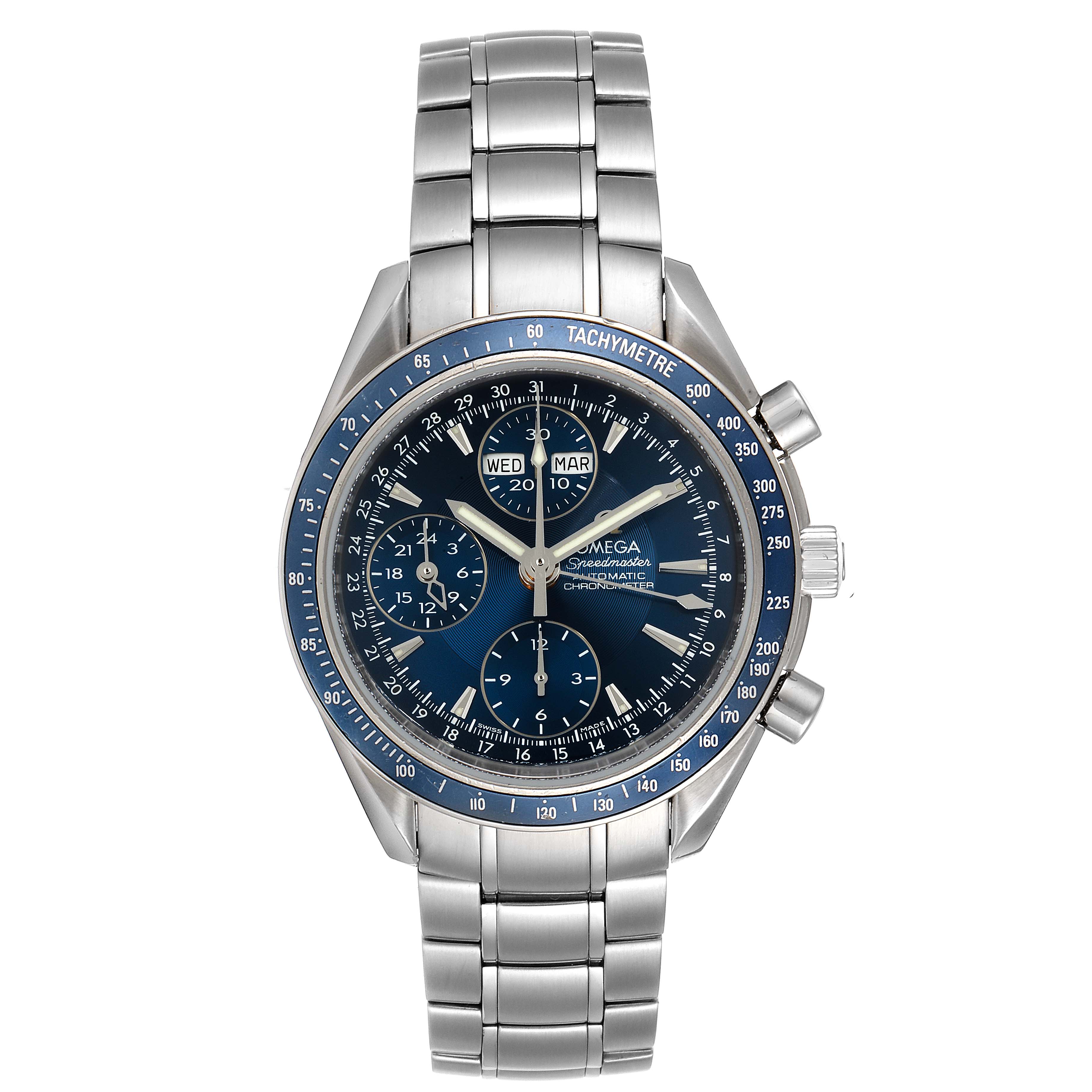 The Omega Speedmaster 3222.80.00 Men
s Stainless Steel Blue Dial 3222.80.00 Men
s Stainless Steel Blue Dial watch is shown from a front angle, displaying its dial, bezel, and metal bracelet.