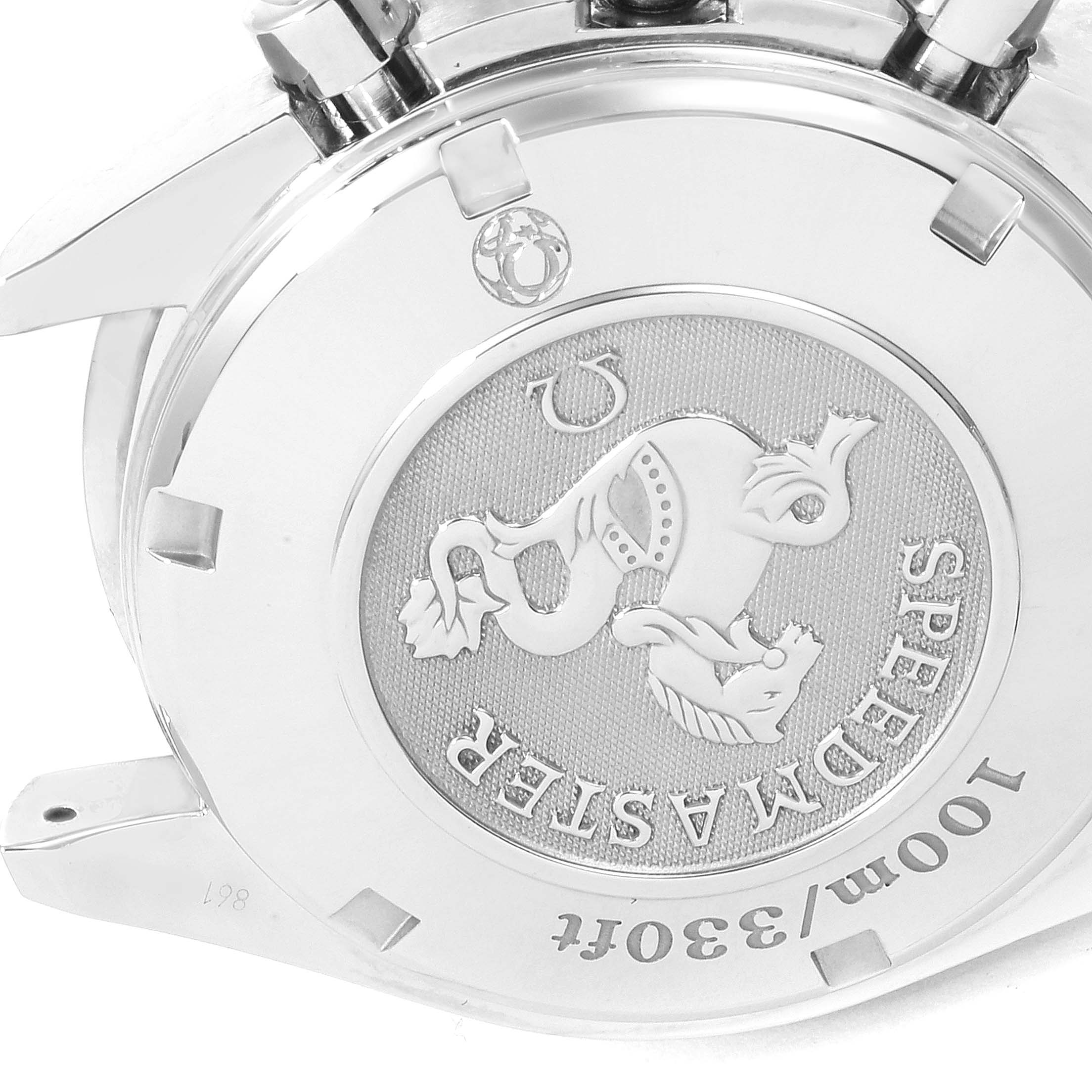 The image shows the case back of an Omega Speedmaster 3222.80.00 Men
s Stainless Steel Blue Dial 3222.80.00 Men
s Stainless Steel Blue Dial watch, featuring the emblem and water resistance details.