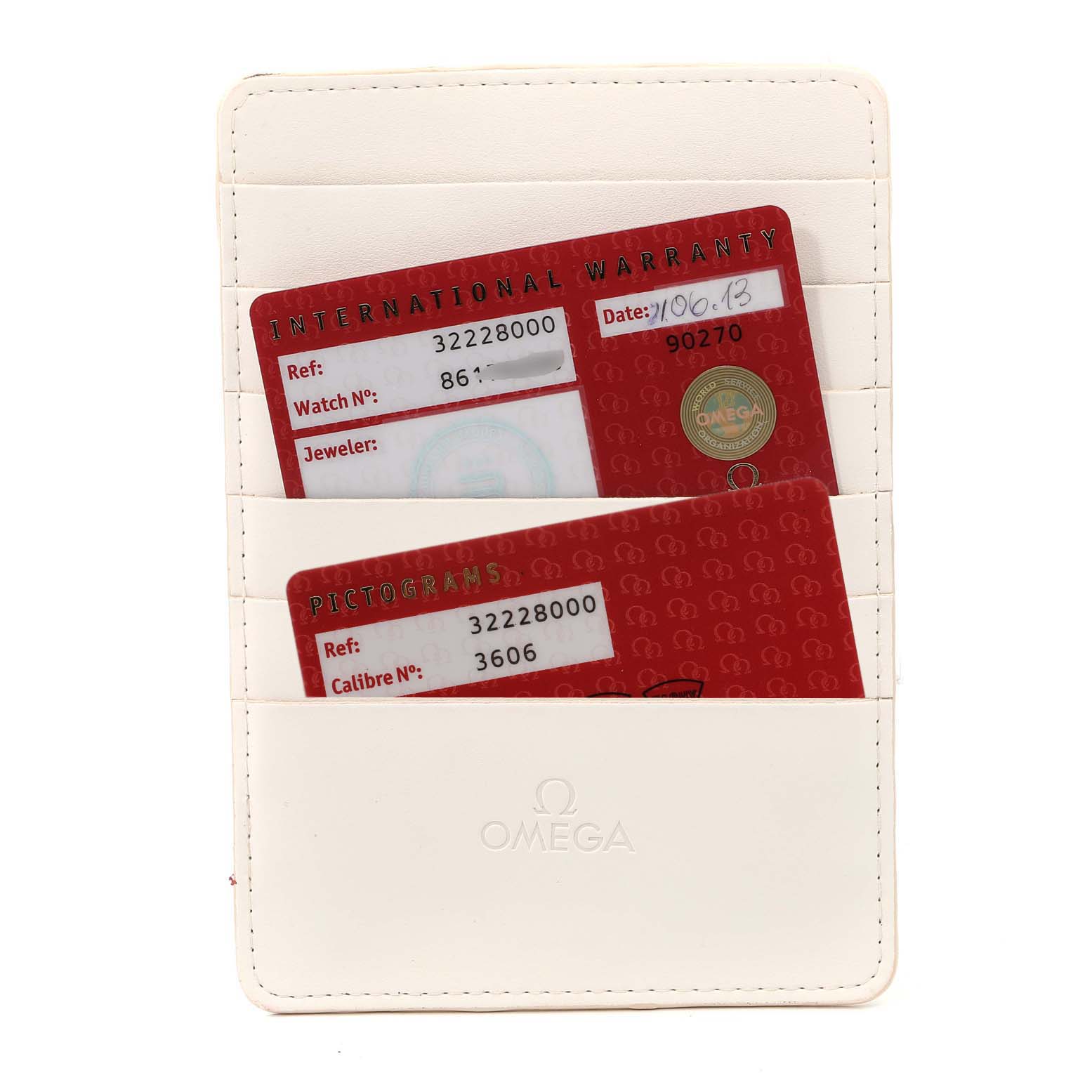 The image shows Omega Speedmaster 3222.80.00 Men
s Stainless Steel Blue Dial 3222.80.00 Men
s Stainless Steel Blue Dial model
s warranty cards inside a white Omega-branded cardholder, viewed from the front.