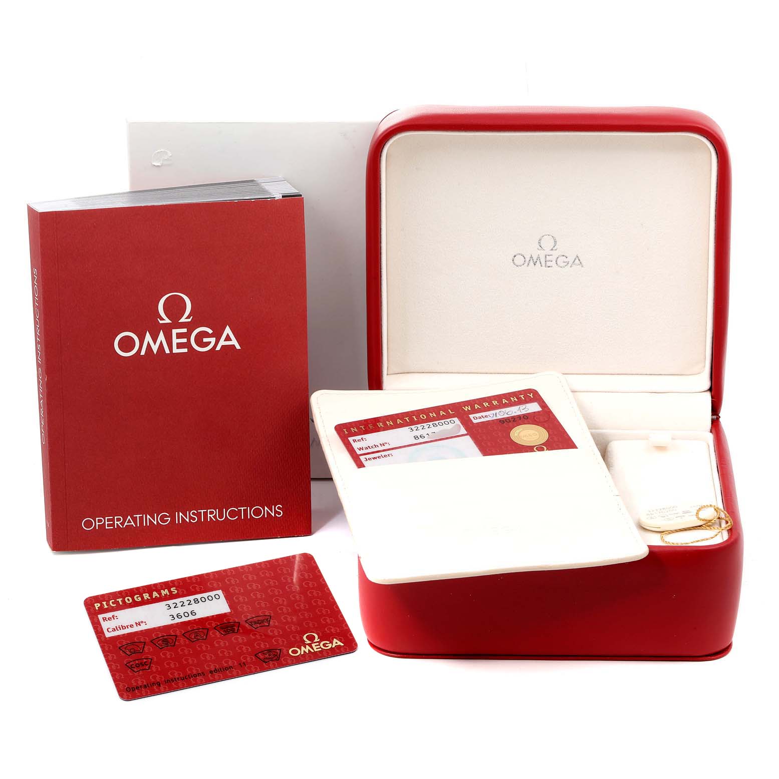 The image shows an Omega Speedmaster 3222.80.00 Men
s Stainless Steel Blue Dial 3222.80.00 Men
s Stainless Steel Blue Dial package including a red watch box, warranty, operating instructions, and pictogram card.