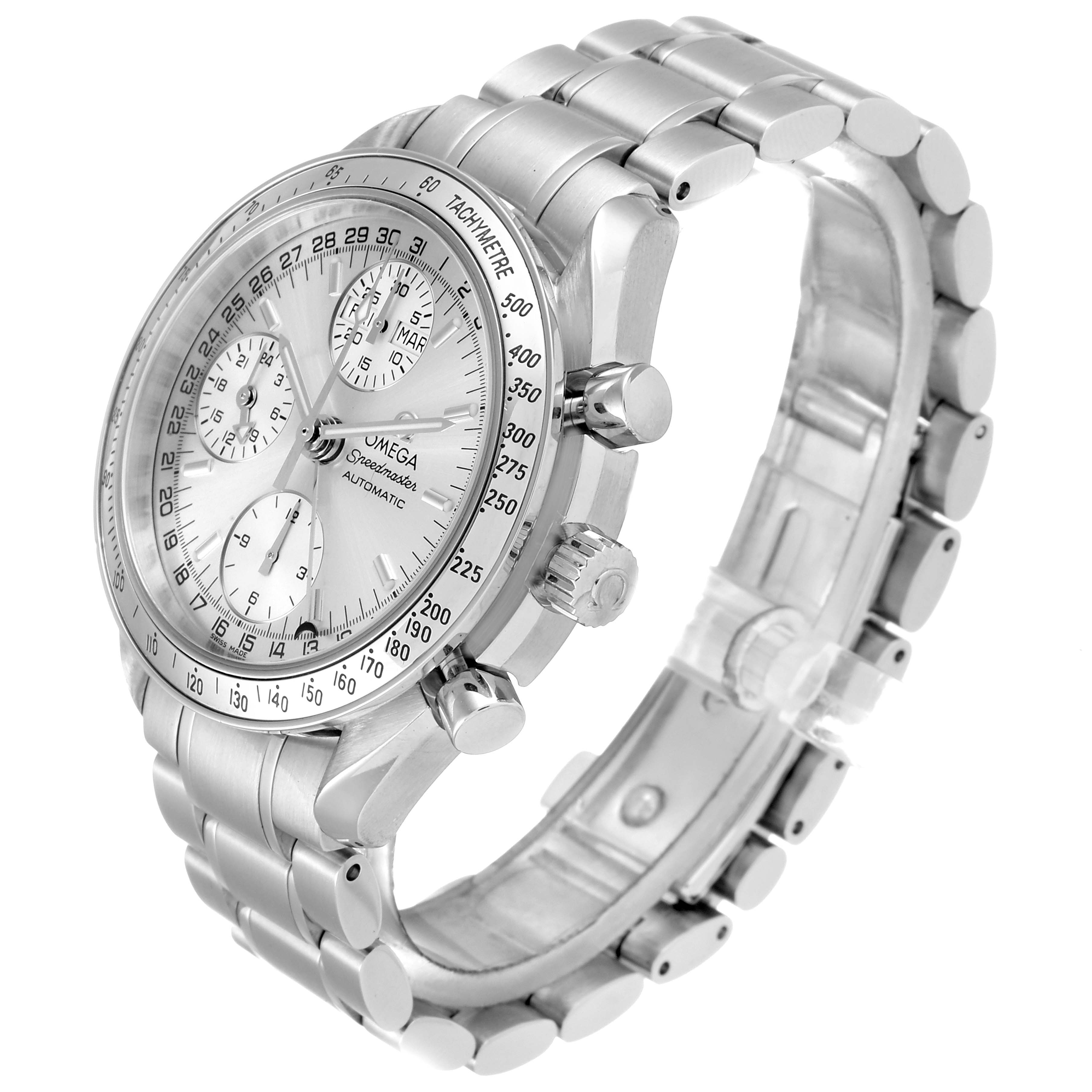 The image shows a side angle of the Omega Speedmaster 3523.30.00 Men
s Stainless Steel Silver Dial 3523.30.00 Men
s Stainless Steel Silver Dial watch, highlighting its face, bezel, crown, pushers, and bracelet.