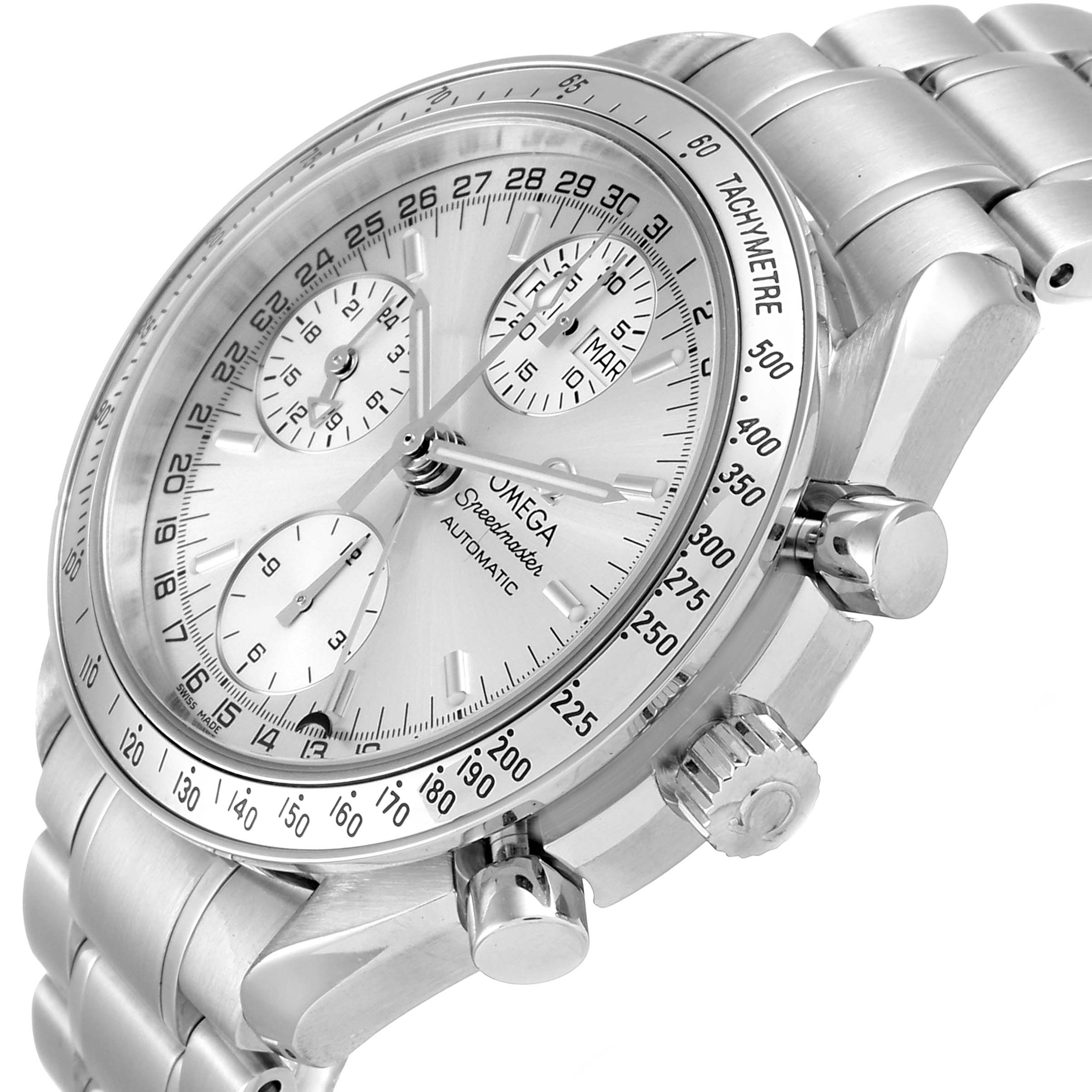 The image shows a close-up angle of an Omega Speedmaster 3523.30.00 Men
s Stainless Steel Silver Dial 3523.30.00 Men
s Stainless Steel Silver Dial watch, focusing on its face, tachymeter bezel, and side pushers.