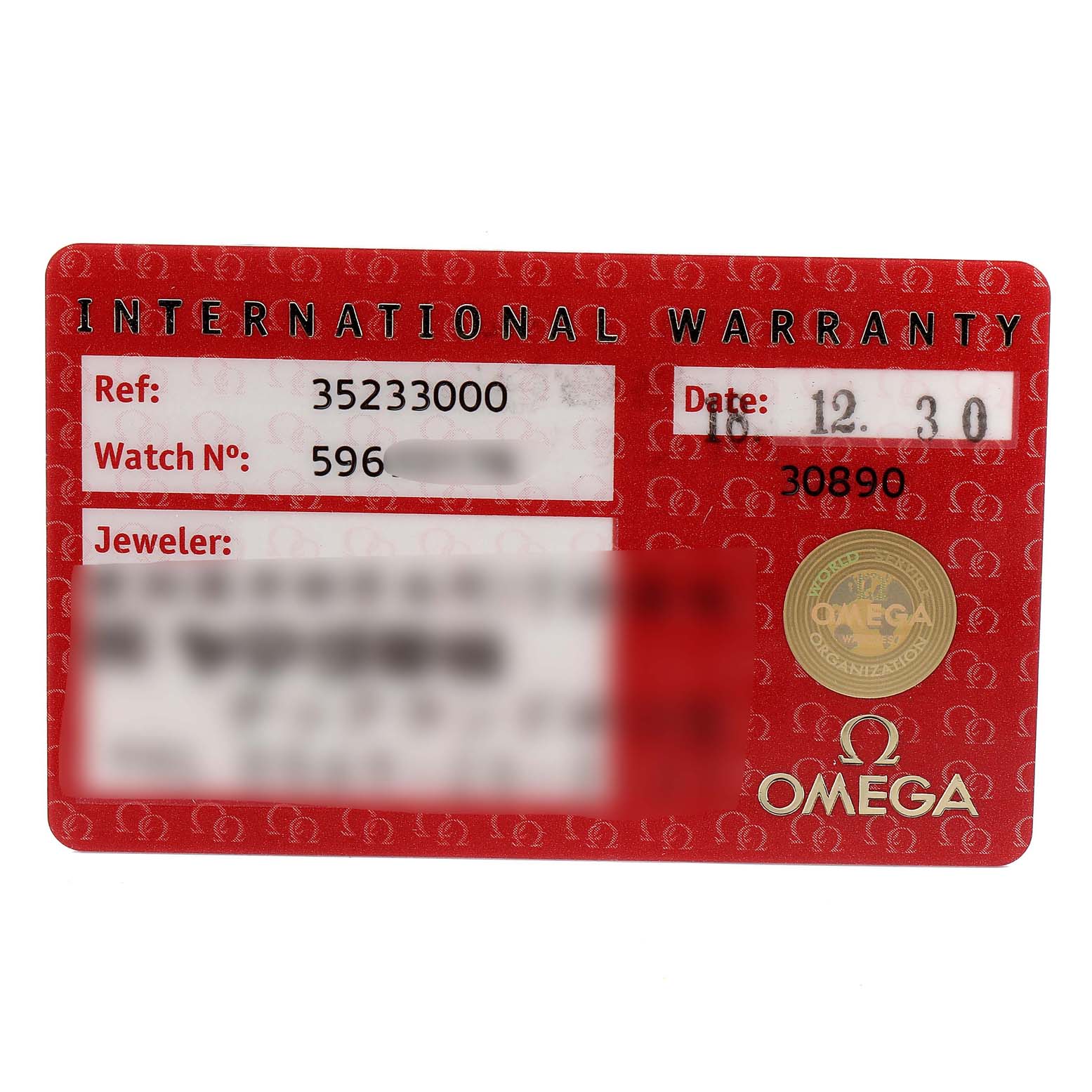 The image shows an Omega International Warranty card for the Speedmaster model, displaying reference, watch number, jeweler, and date.