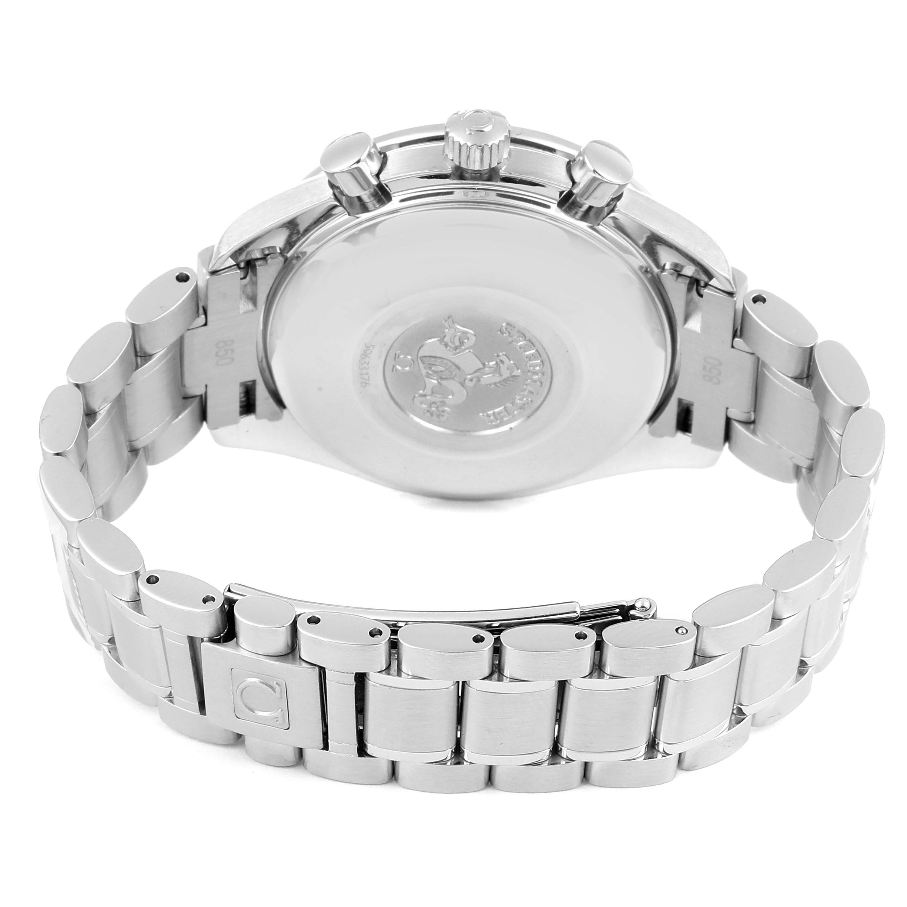 This image shows the back case and stainless steel bracelet of an Omega Speedmaster 3523.30.00 Men
s Stainless Steel Silver Dial 3523.30.00 Men
s Stainless Steel Silver Dial watch from a rear angle.