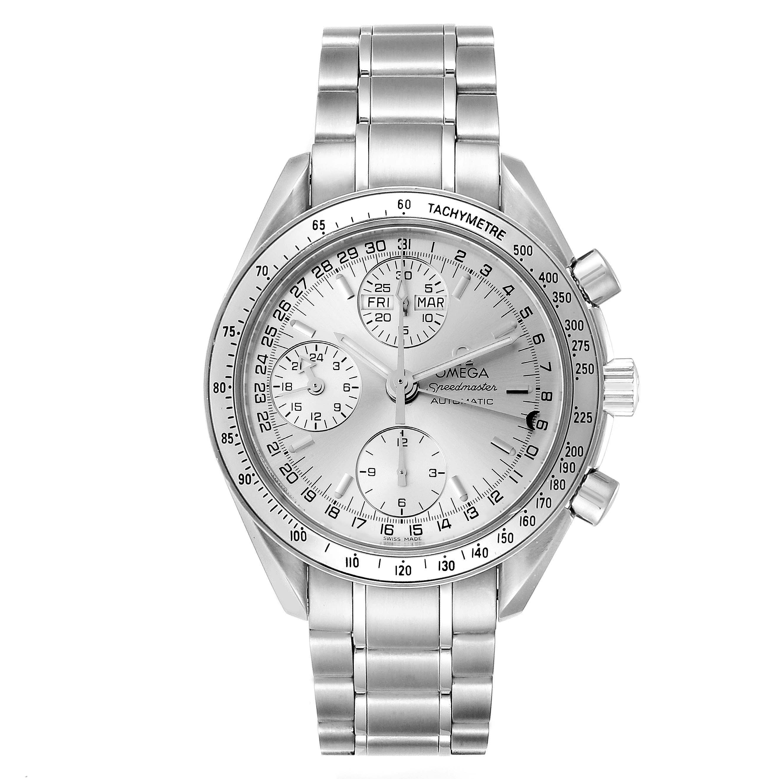 The image shows a front view of an Omega Speedmaster 3523.30.00 Men
s Stainless Steel Silver Dial 3523.30.00 Men
s Stainless Steel Silver Dial watch, displaying its face, bezel, chronograph sub-dials, and metal strap.