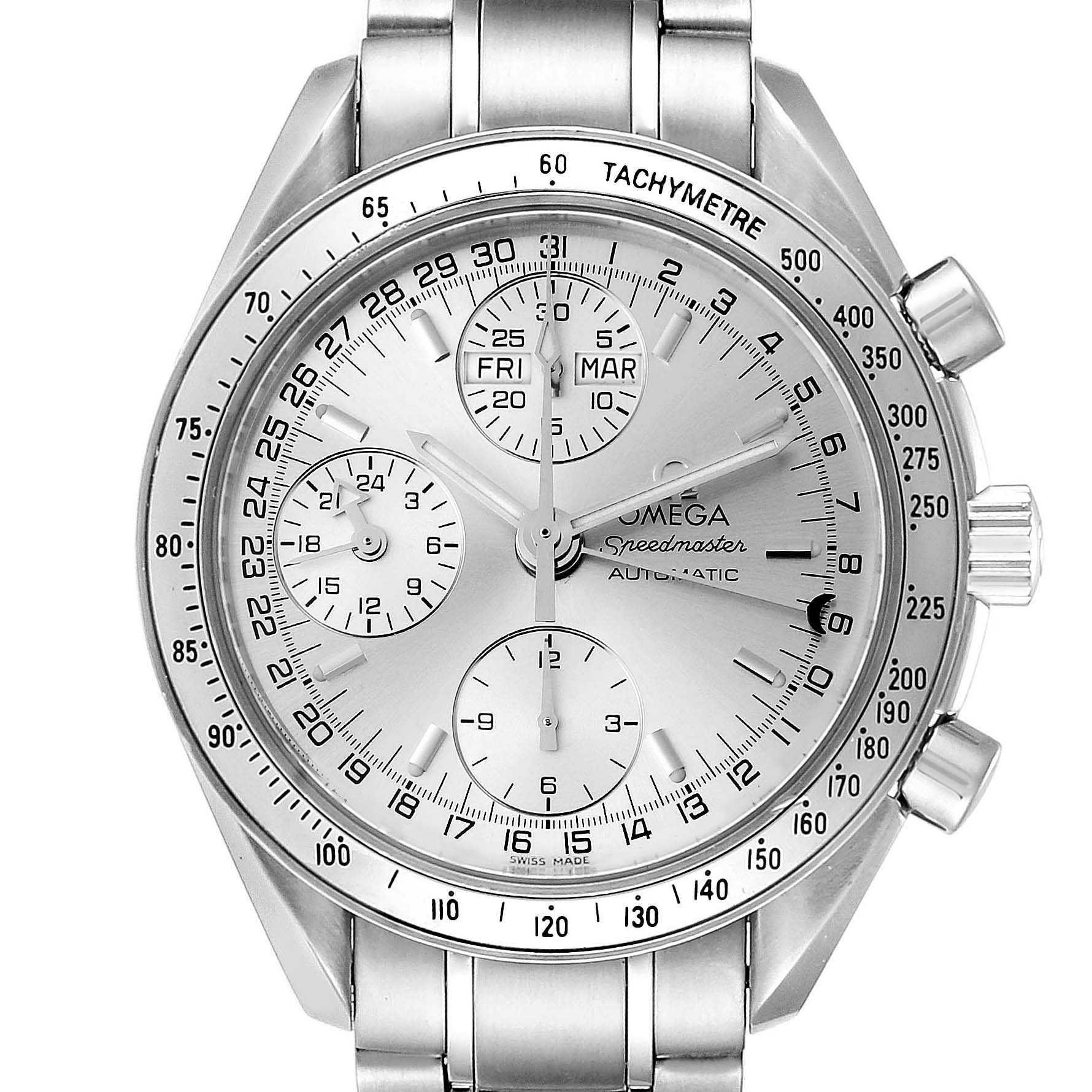 The image shows a front view of an Omega Speedmaster 3523.30.00 Men
s Stainless Steel Silver Dial 3523.30.00 Men
s Stainless Steel Silver Dial, detailing the tachymeter bezel, sub-dials, and the metal bracelet.