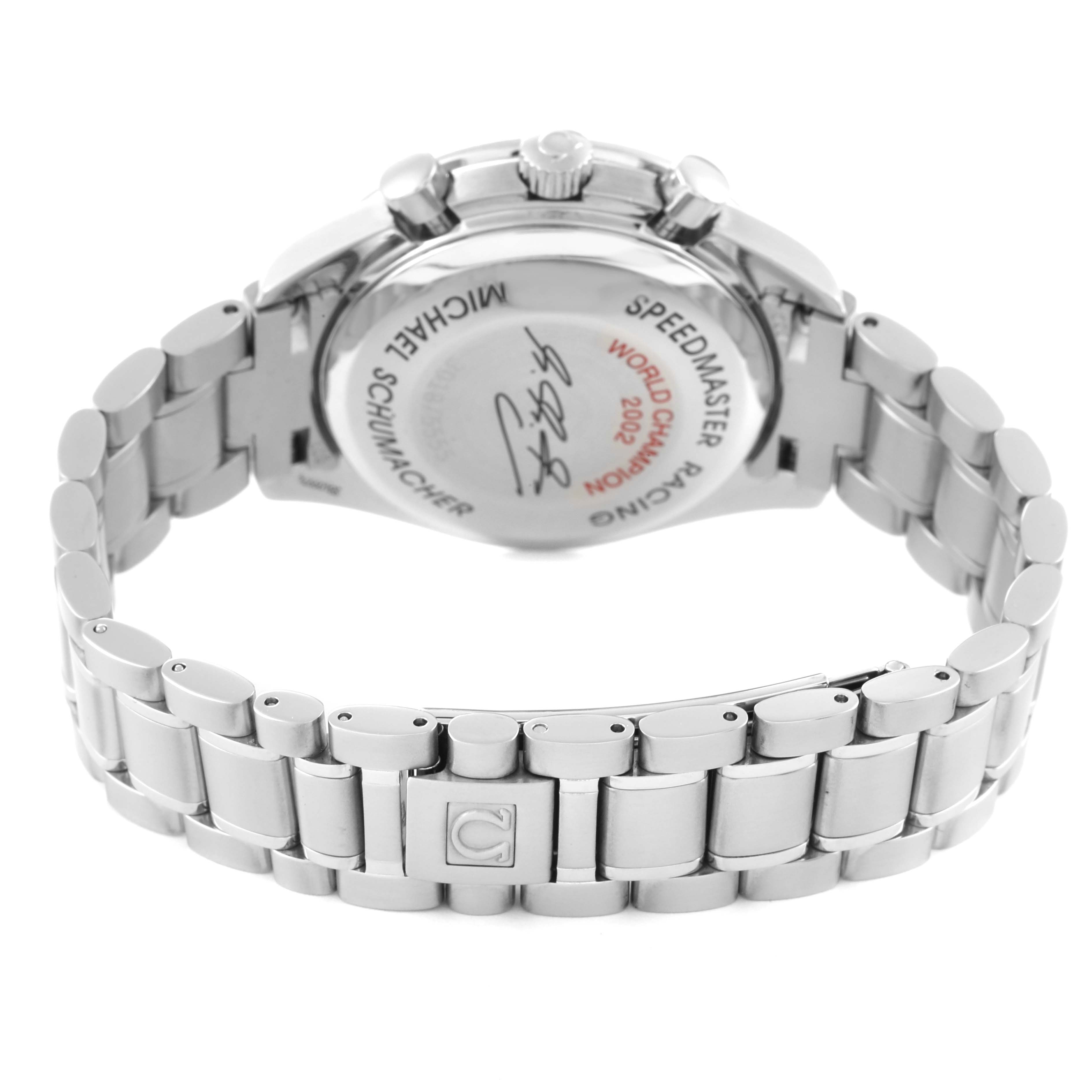 This image shows the back and bracelet of the Omega Speedmaster 3529.50.00 Men's Stainless Steel Black Dial 3529.50.00 Men's Stainless Steel Black Dial watch, featuring engraved text and a metal clasp.