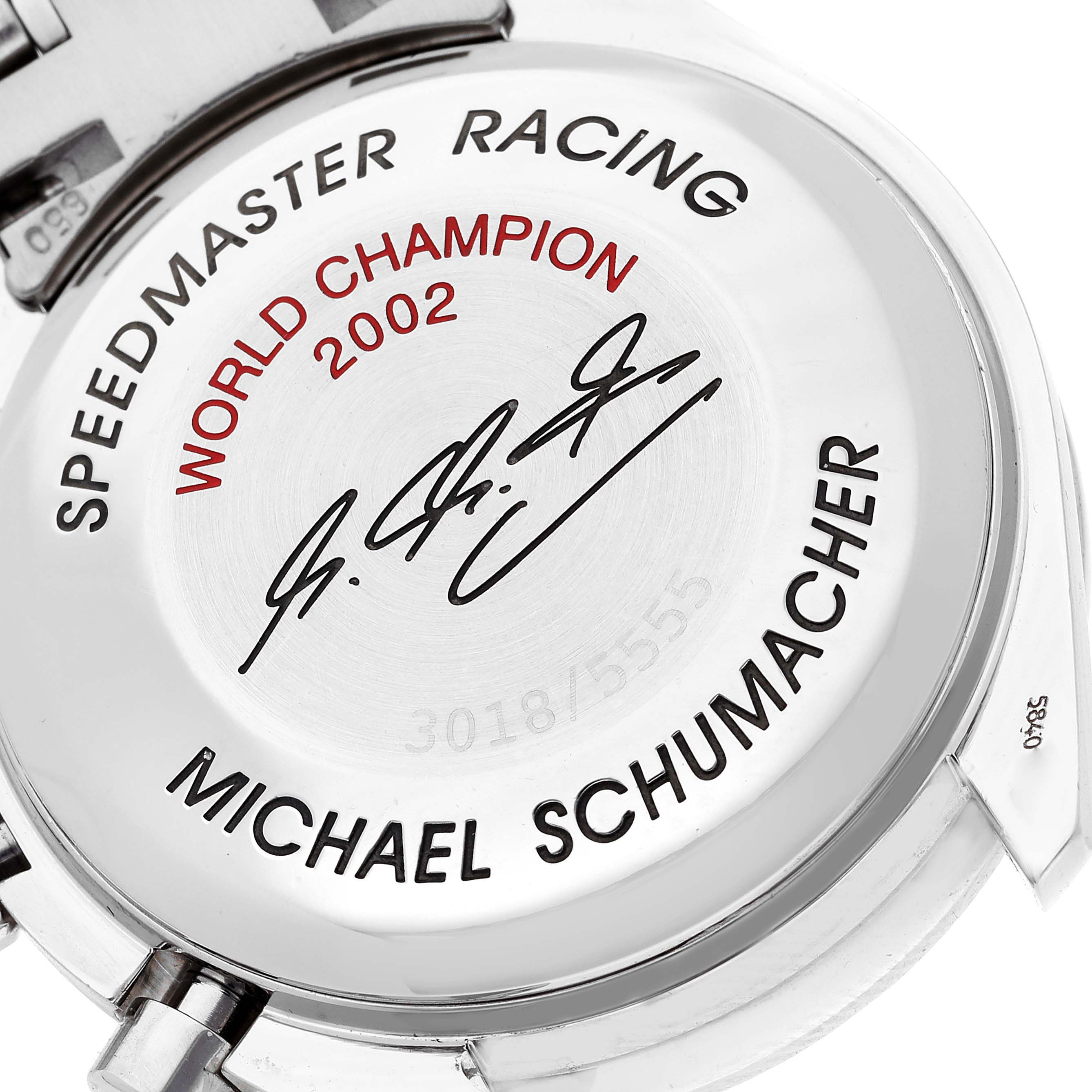 The image shows the back case of an Omega Speedmaster 3529.50.00 Men's Stainless Steel Black Dial 3529.50.00 Men's Stainless Steel Black Dial Racing watch, featuring special edition engravings.