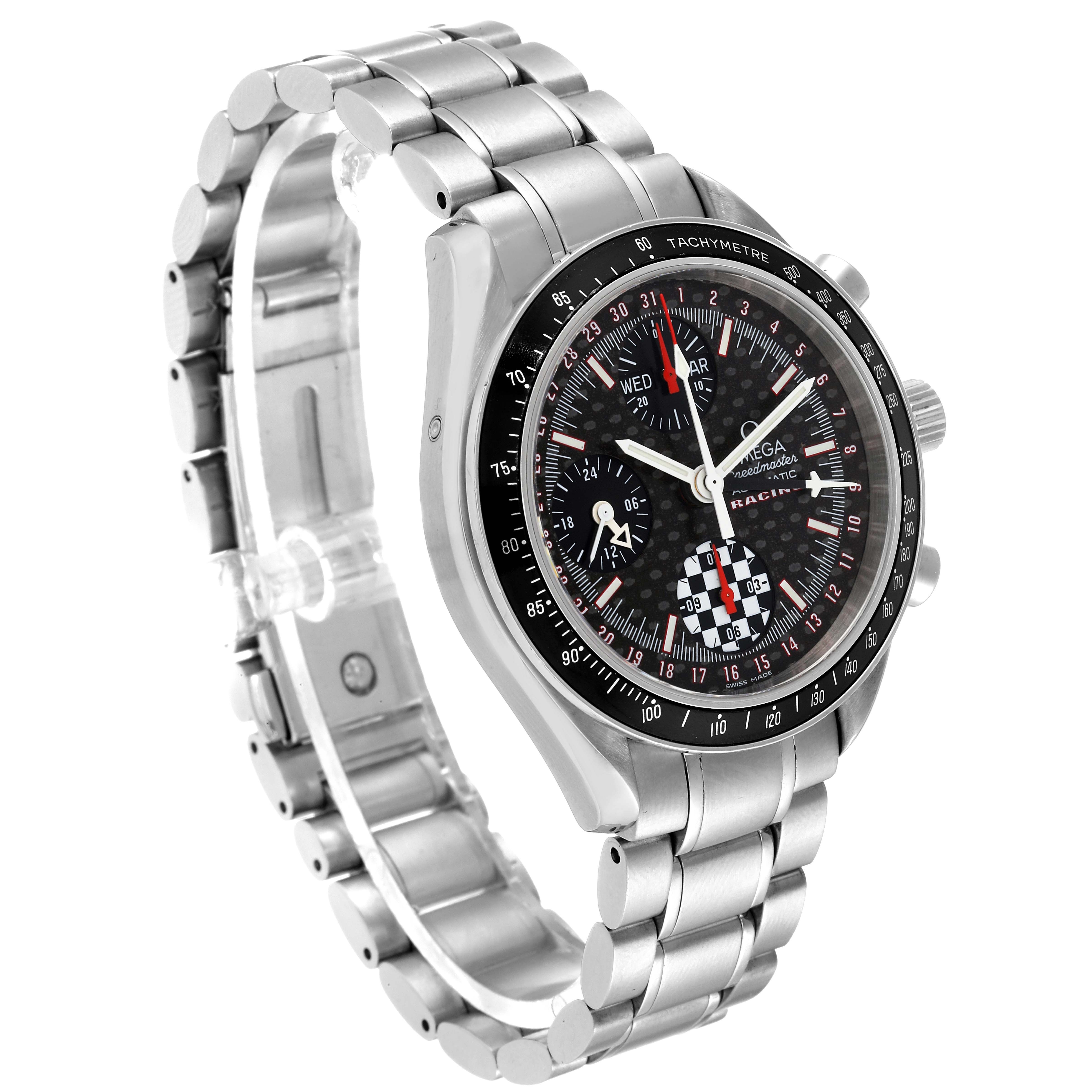The image shows an Omega Speedmaster 3529.50.00 Men's Stainless Steel Black Dial 3529.50.00 Men's Stainless Steel Black Dial watch at a three-quarter angle, highlighting the face, bezel, buttons, and metal bracelet.