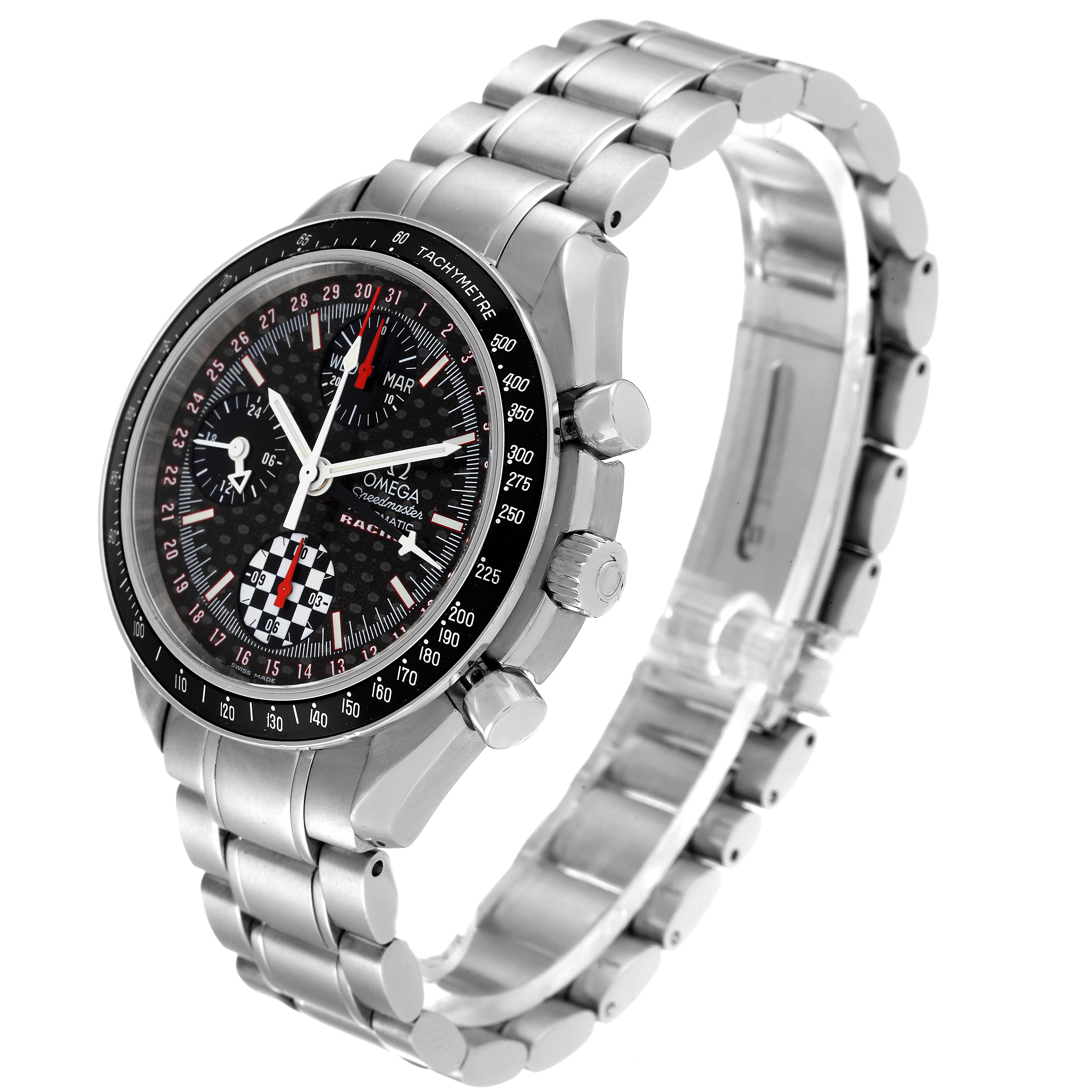 The image showcases an Omega Speedmaster 3529.50.00 Men's Stainless Steel Black Dial 3529.50.00 Men's Stainless Steel Black Dial watch angled from the front-left, highlighting the dial, bezel, crown, pushers, and metal bracelet.