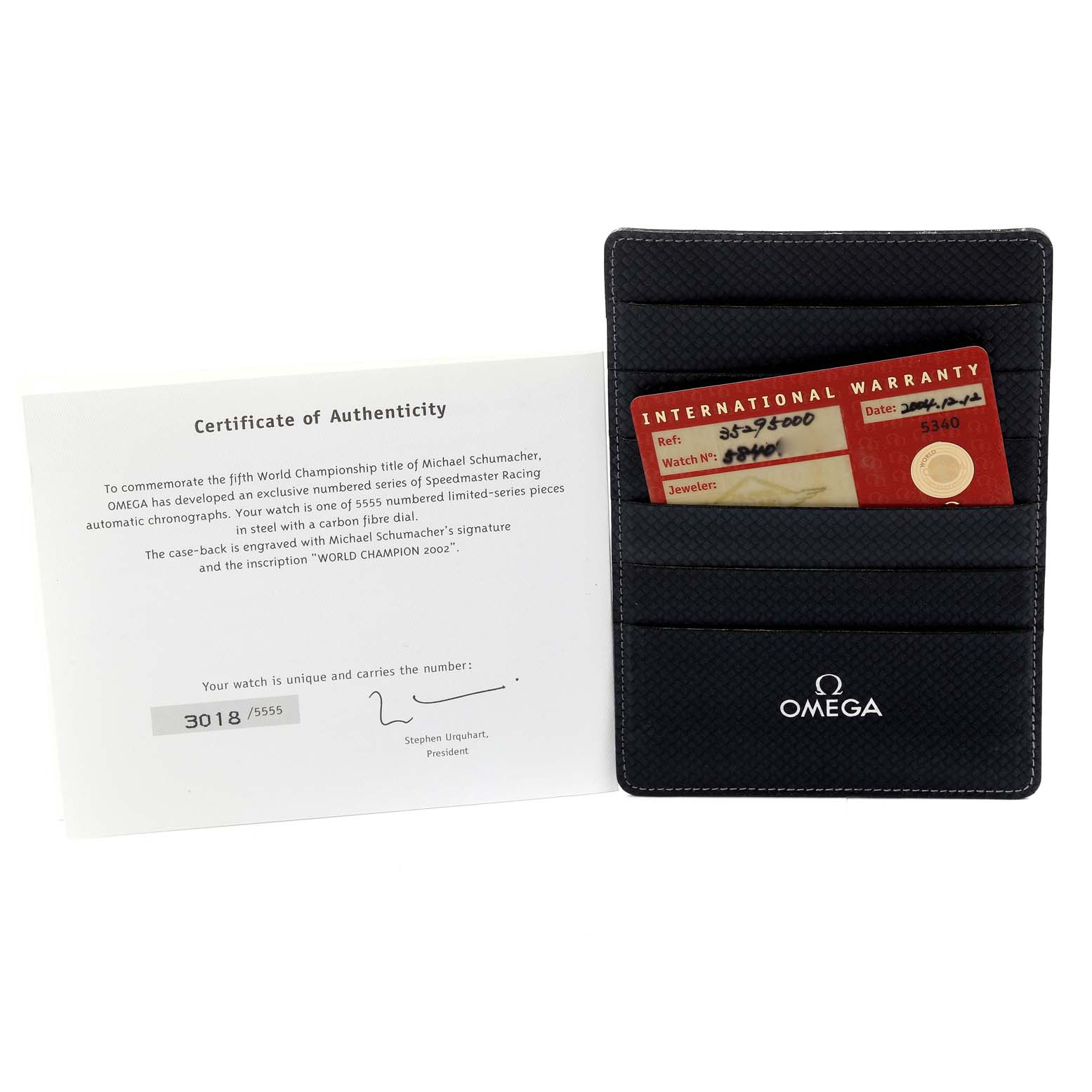 The image shows the Certificate of Authenticity and International Warranty card for the Omega Speedmaster 3529.50.00 Men's Stainless Steel Black Dial 3529.50.00 Men's Stainless Steel Black Dial watch model, along with a branded cardholder.