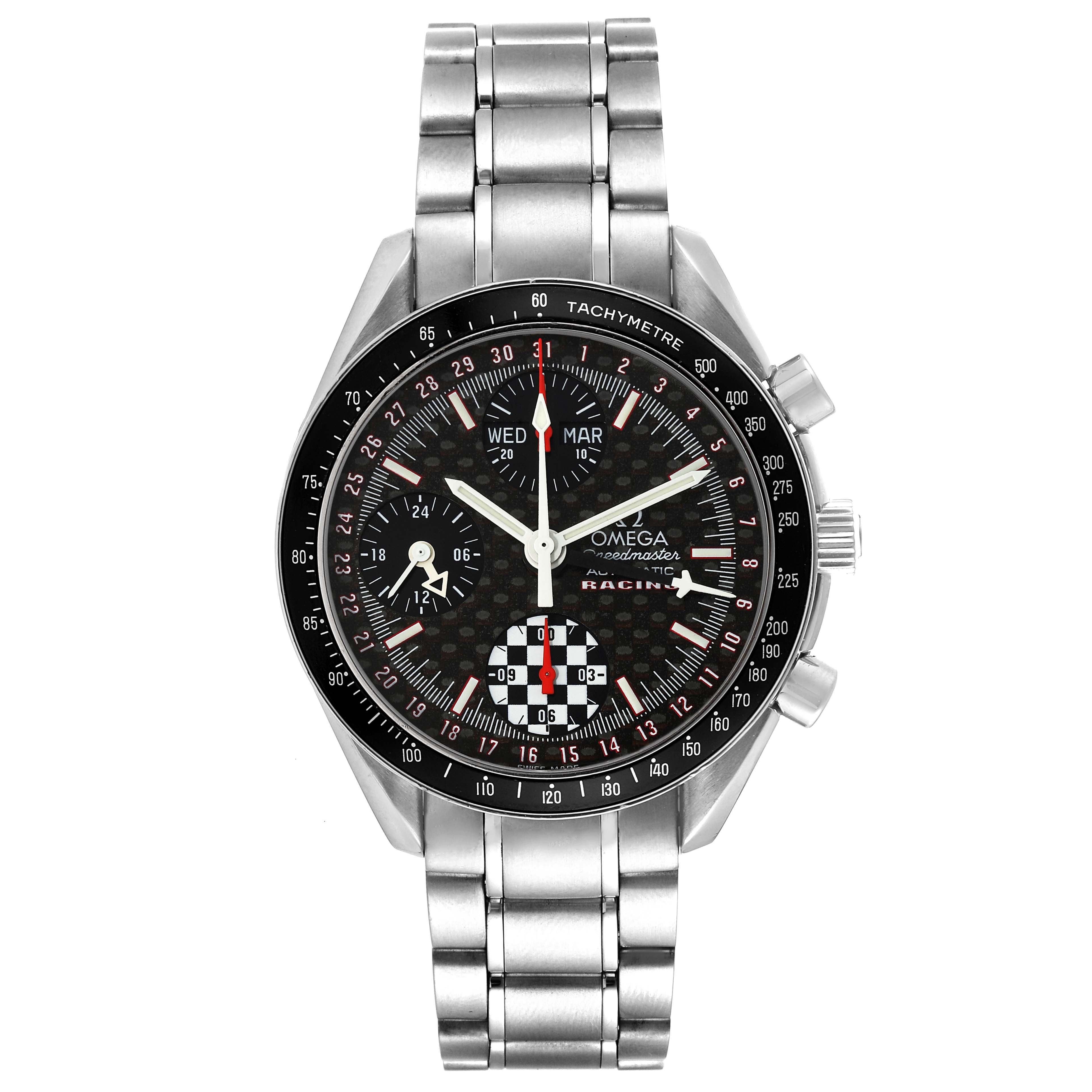 The image shows a front view of the Omega Speedmaster 3529.50.00 Men's Stainless Steel Black Dial 3529.50.00 Men's Stainless Steel Black Dial watch, highlighting its dial, bezel, and metal bracelet.