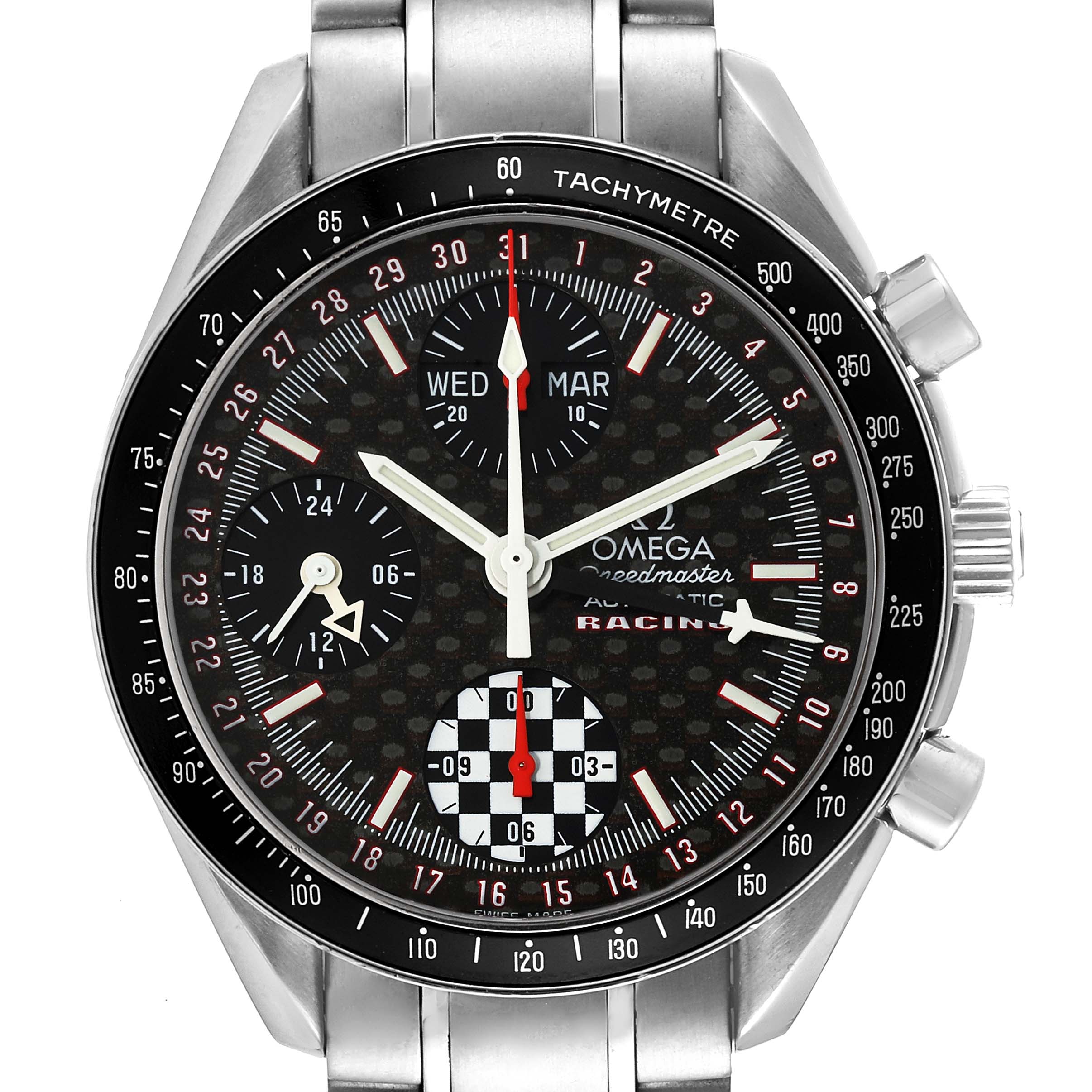 The image shows a frontal view of the Omega Speedmaster 3529.50.00 Men's Stainless Steel Black Dial 3529.50.00 Men's Stainless Steel Black Dial Racing watch, highlighting the dial, subdials, tachymeter bezel, and stainless steel bracelet.