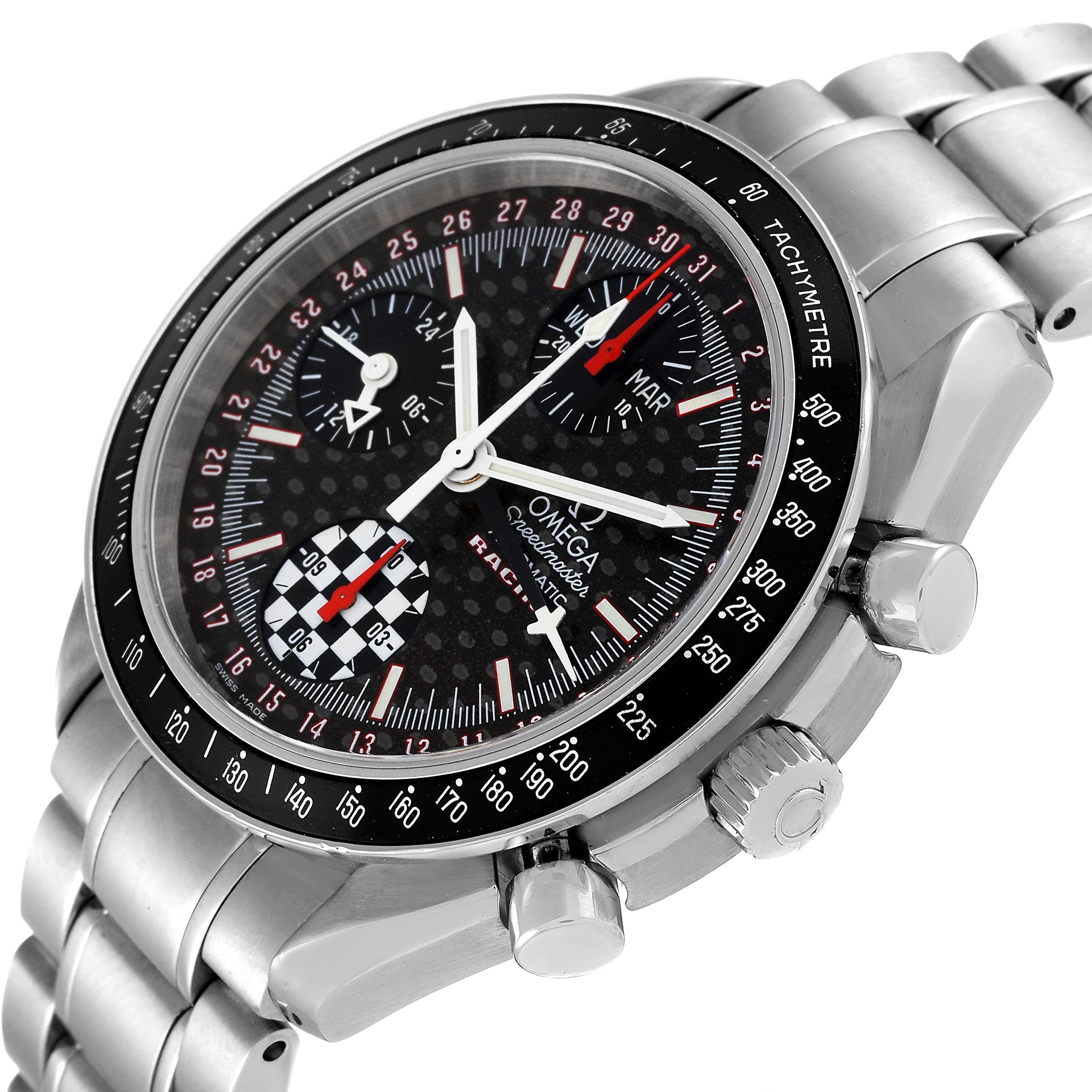 The Omega Speedmaster 3529.50.00 Men's Stainless Steel Black Dial 3529.50.00 Men's Stainless Steel Black Dial watch is shown at a three-quarter angle displaying the face, bezel, crown, and part of the bracelet.