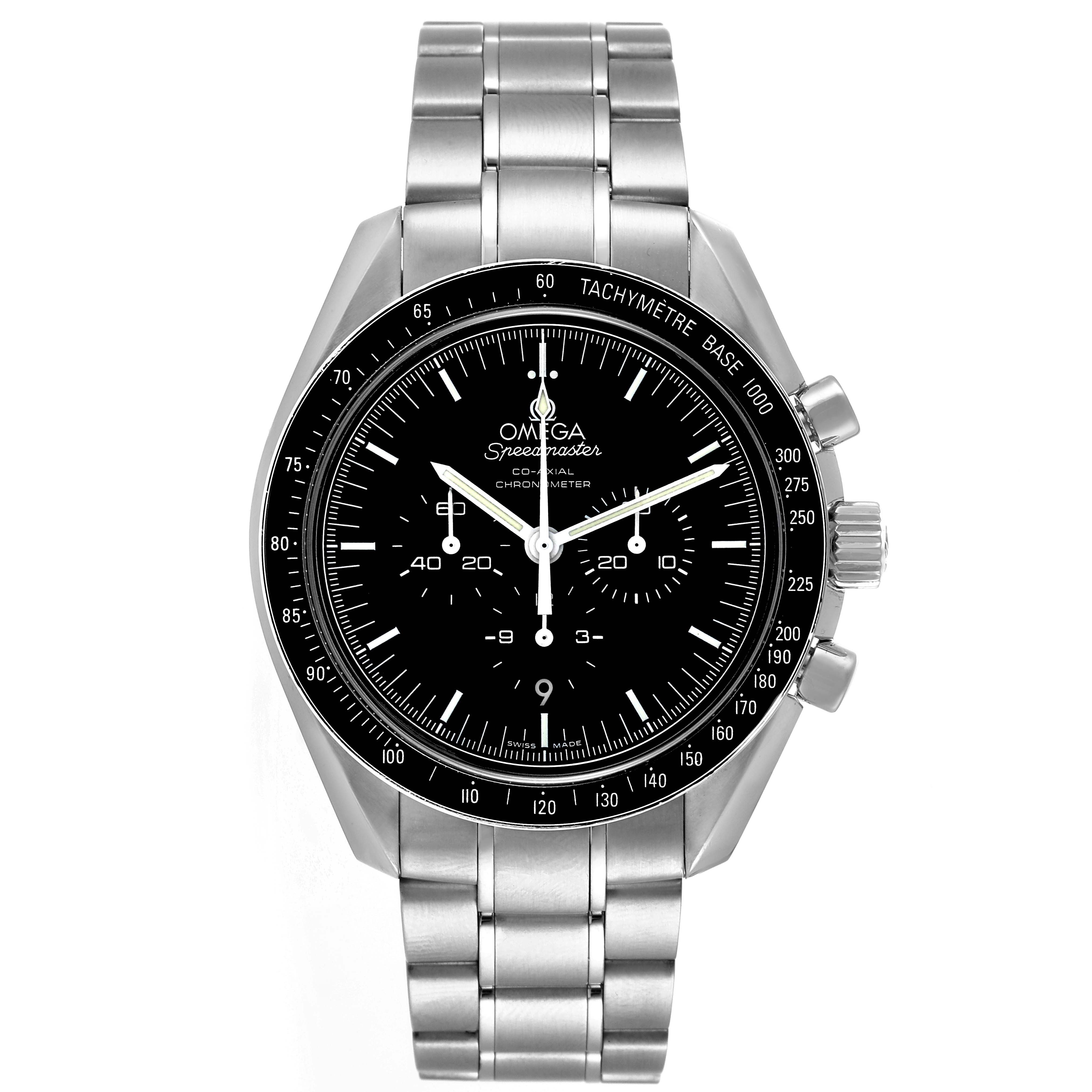 The Omega Speedmaster 311.30.44.50.01.002 Men's Stainless Steel Black Dial 311.30.44.50.01.002 Men's Stainless Steel Black Dial watch is shown from a front-angle view, displaying its dial, bezel, and stainless steel bracelet.