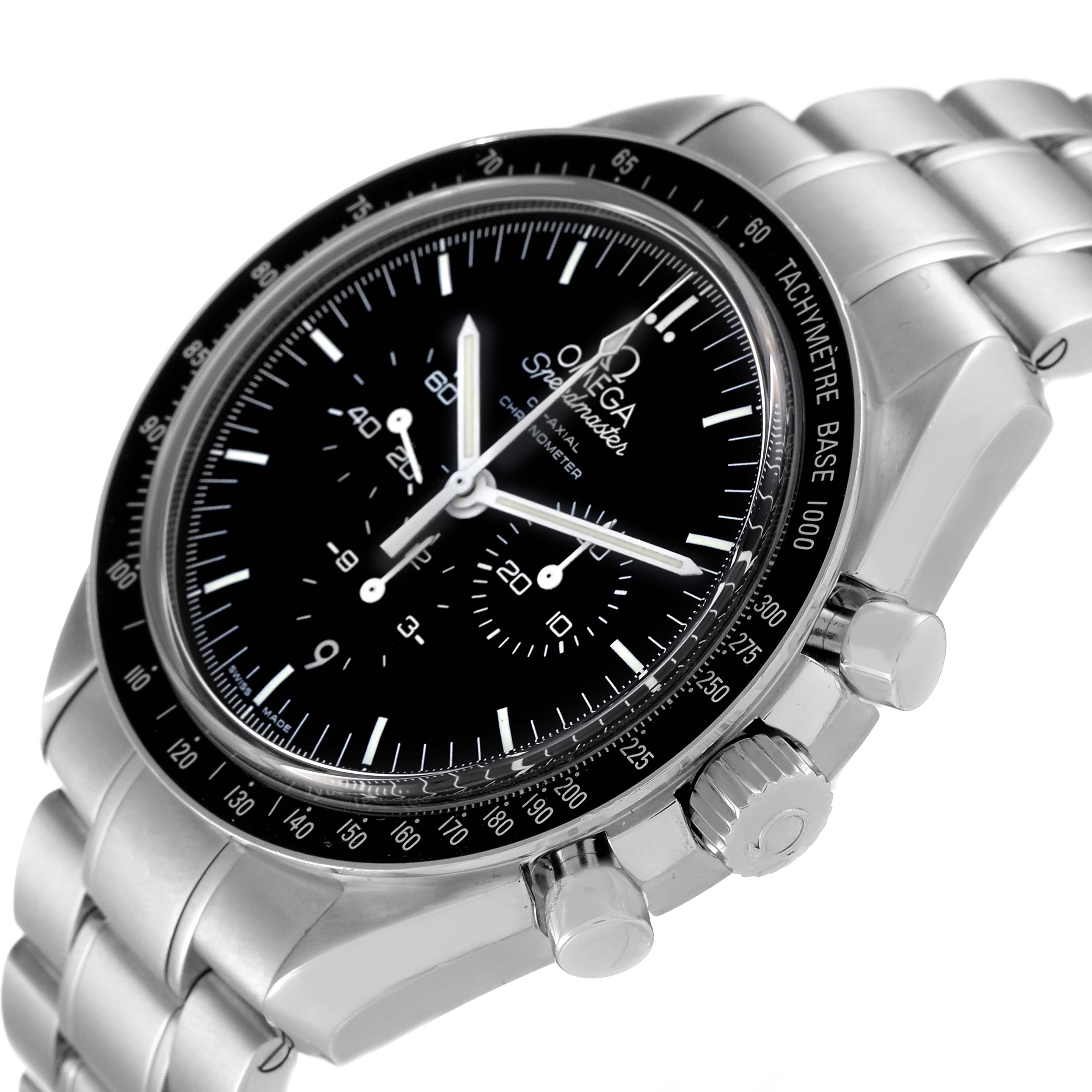 The Omega Speedmaster 311.30.44.50.01.002 Men's Stainless Steel Black Dial 311.30.44.50.01.002 Men's Stainless Steel Black Dial watch is shown at a slight angle, displaying its dial, bezel, crown, pushers, and metal bracelet.