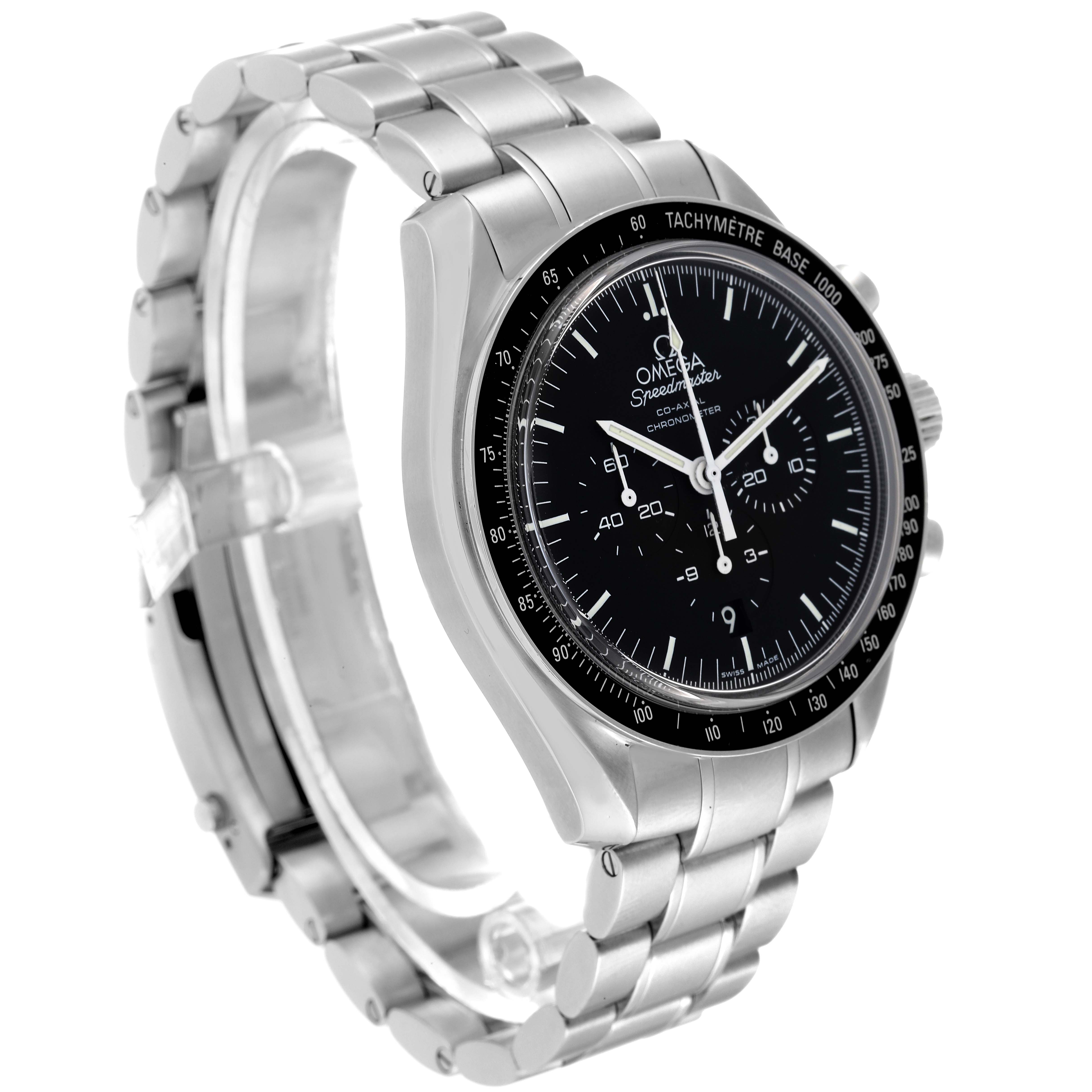 The Omega Speedmaster 311.30.44.50.01.002 Men's Stainless Steel Black Dial 311.30.44.50.01.002 Men's Stainless Steel Black Dial watch is shown at a three-quarter angle, highlighting its full face, bracelet, and side profile.