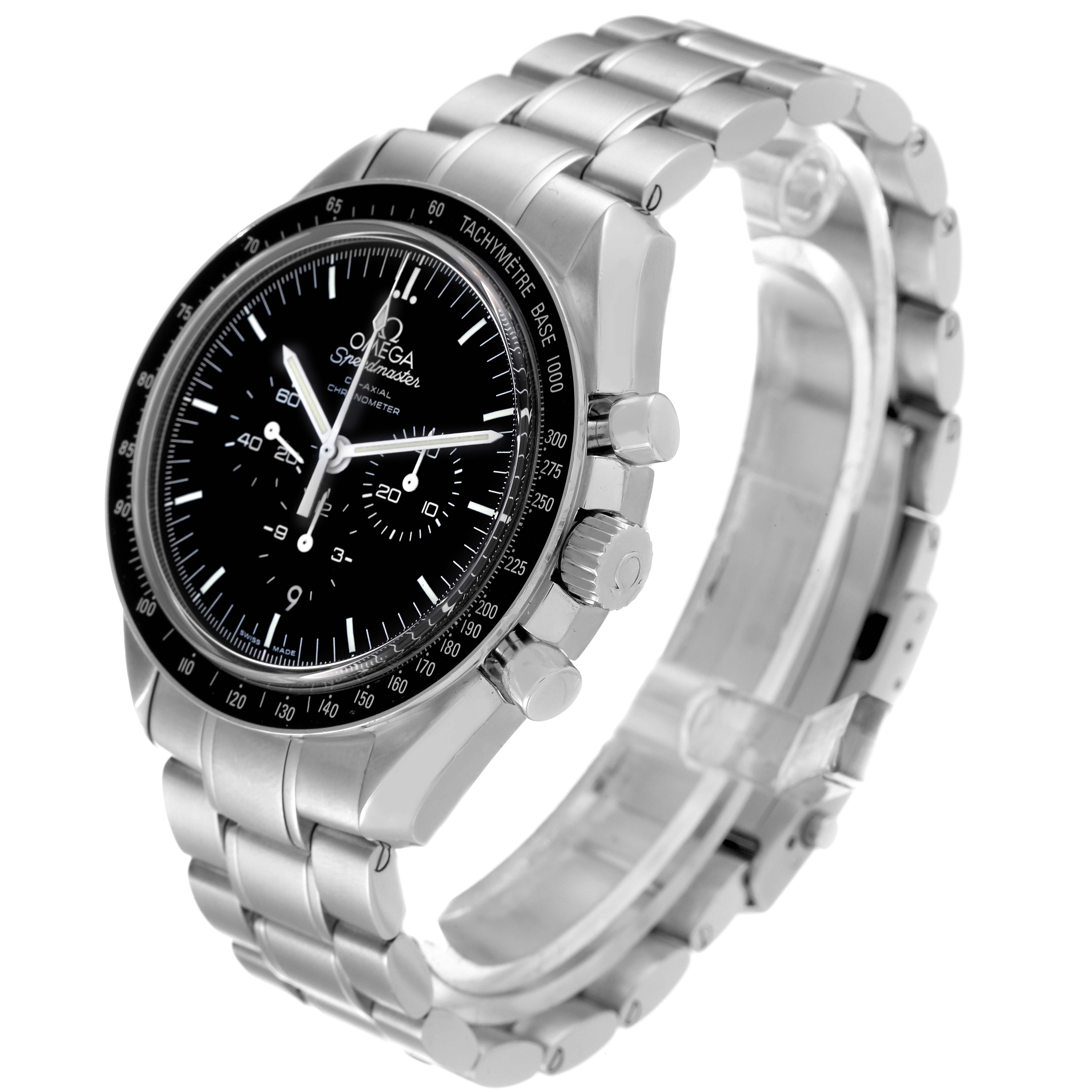 This image shows an angled view of the Omega Speedmaster 311.30.44.50.01.002 Men's Stainless Steel Black Dial 311.30.44.50.01.002 Men's Stainless Steel Black Dial watch, highlighting its bezel, face, pushers, and metal bracelet.