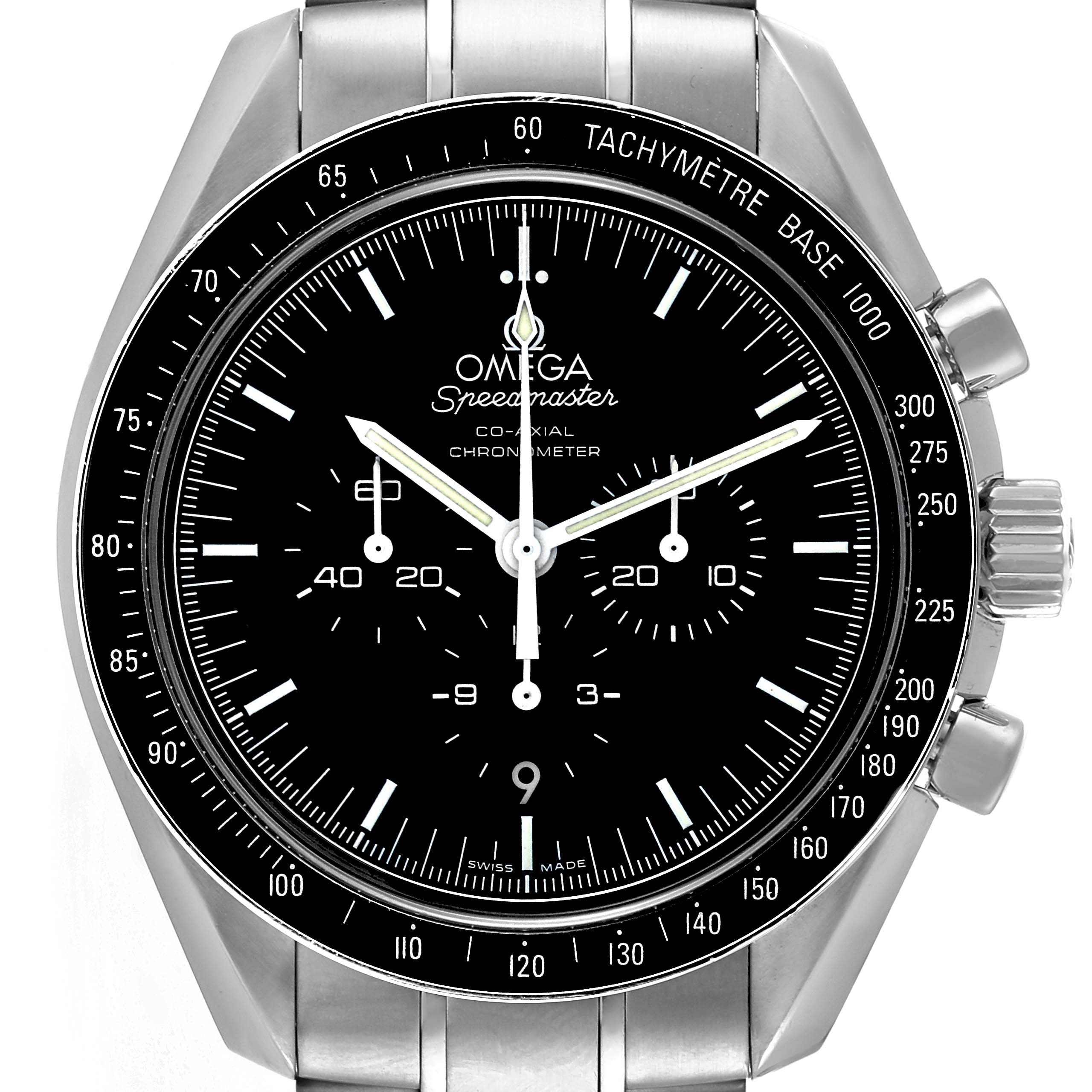 The Omega Speedmaster 311.30.44.50.01.002 Men's Stainless Steel Black Dial 311.30.44.50.01.002 Men's Stainless Steel Black Dial watch is shown from the front, displaying the black dial, chronograph subdials, tachymeter bezel, and crown.