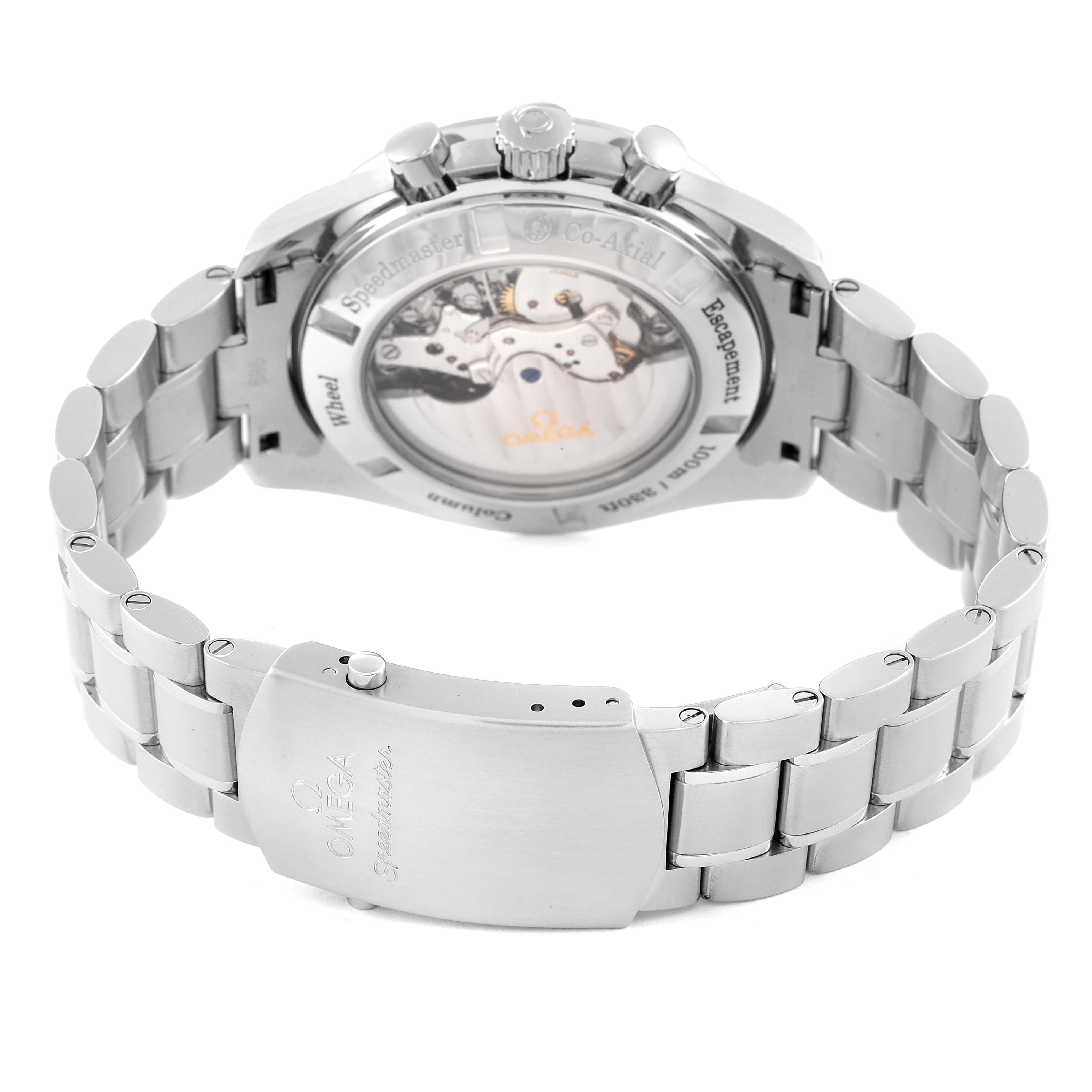 This image shows the back view of the Omega Speedmaster 311.30.44.50.01.002 Men's Stainless Steel Black Dial 311.30.44.50.01.002 Men's Stainless Steel Black Dial watch, featuring the transparent case back and metal bracelet.