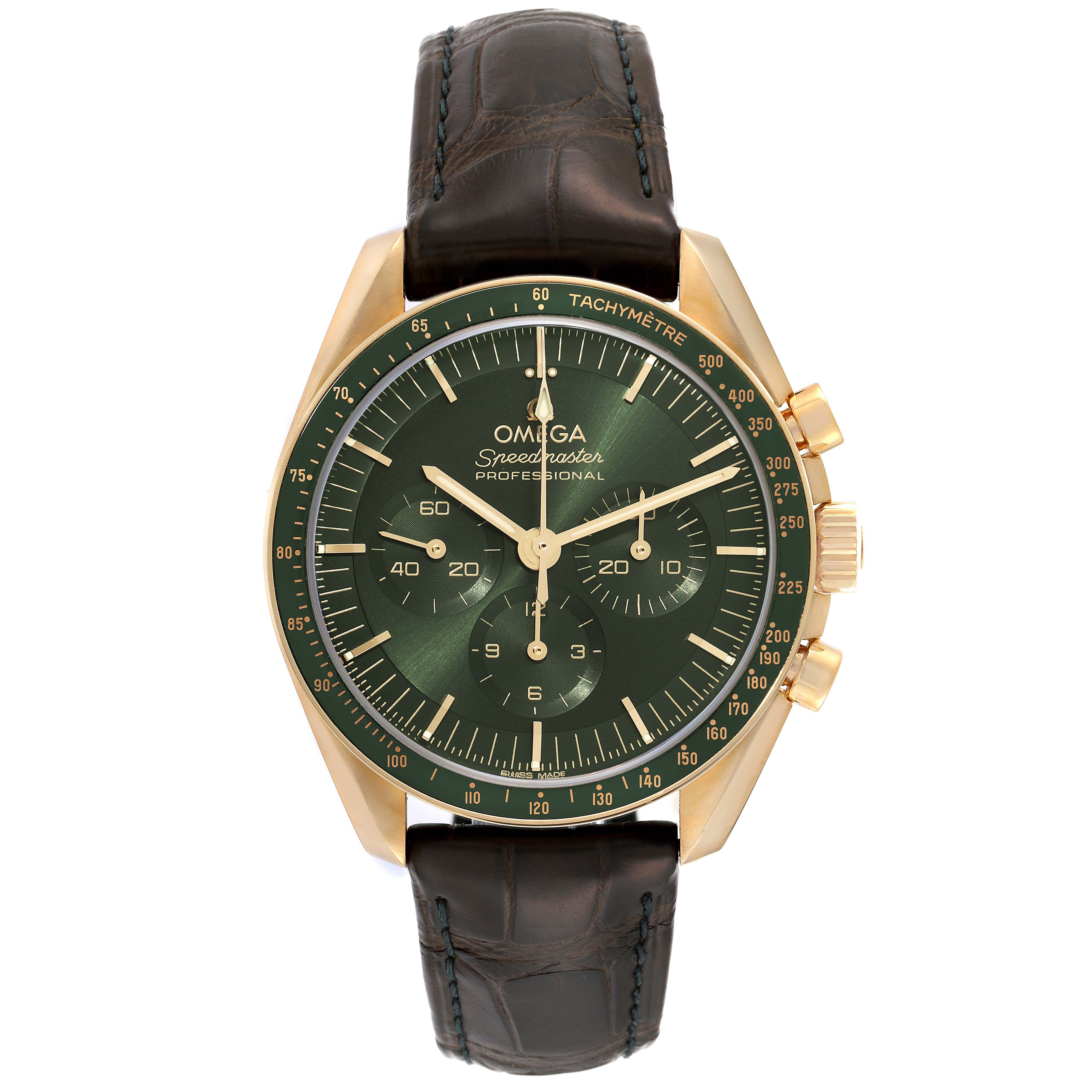 This Omega Speedmaster 310.63.42.50.10.001 Men's Yellow Gold Green Dial 310.63.42.50.10.001 Men's Yellow Gold Green Dial watch is shown from a front angle, displaying the dial, case, and leather strap.