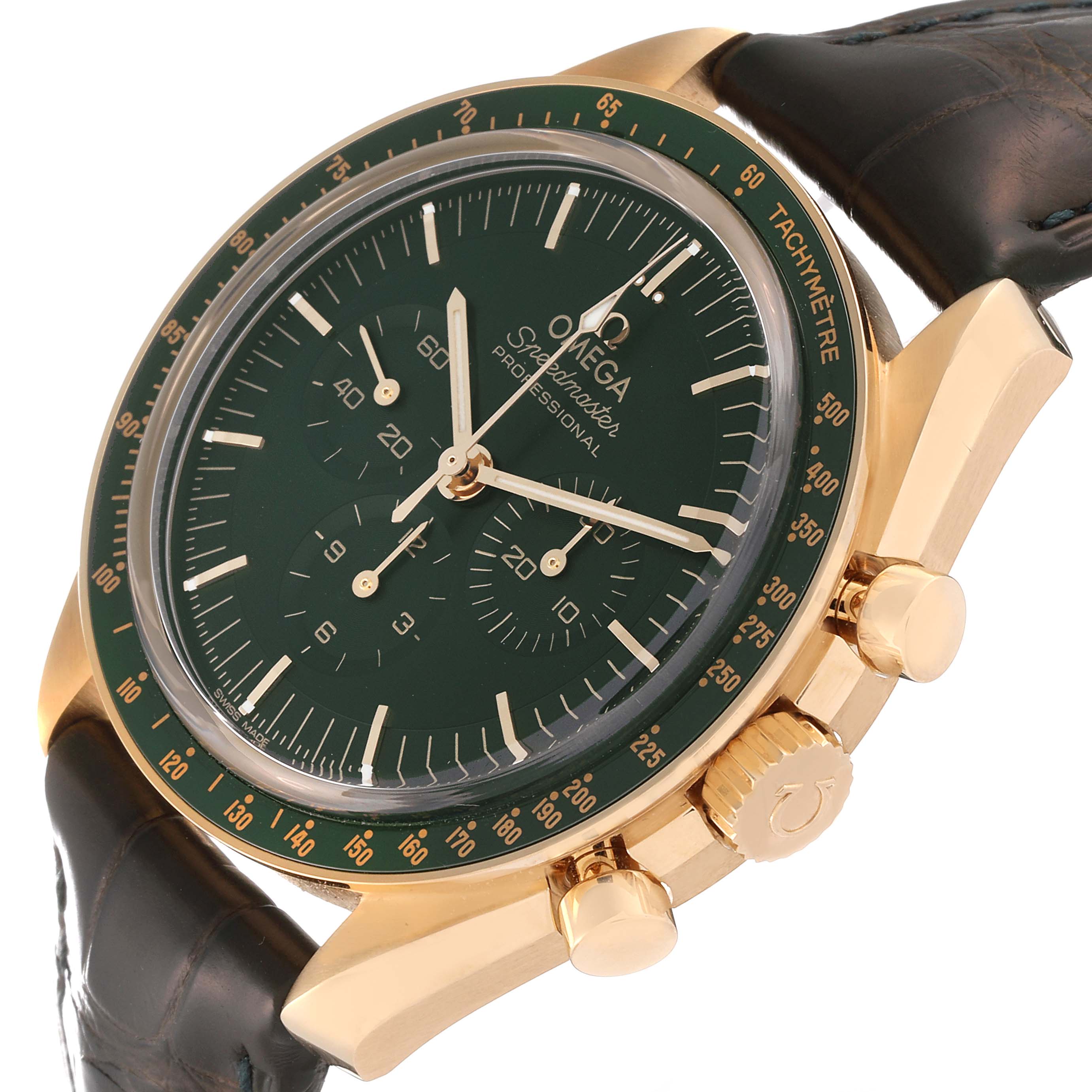 The image shows an angled view of an Omega Speedmaster 310.63.42.50.10.001 Men's Yellow Gold Green Dial 310.63.42.50.10.001 Men's Yellow Gold Green Dial watch with a green dial, gold case, and black leather strap.