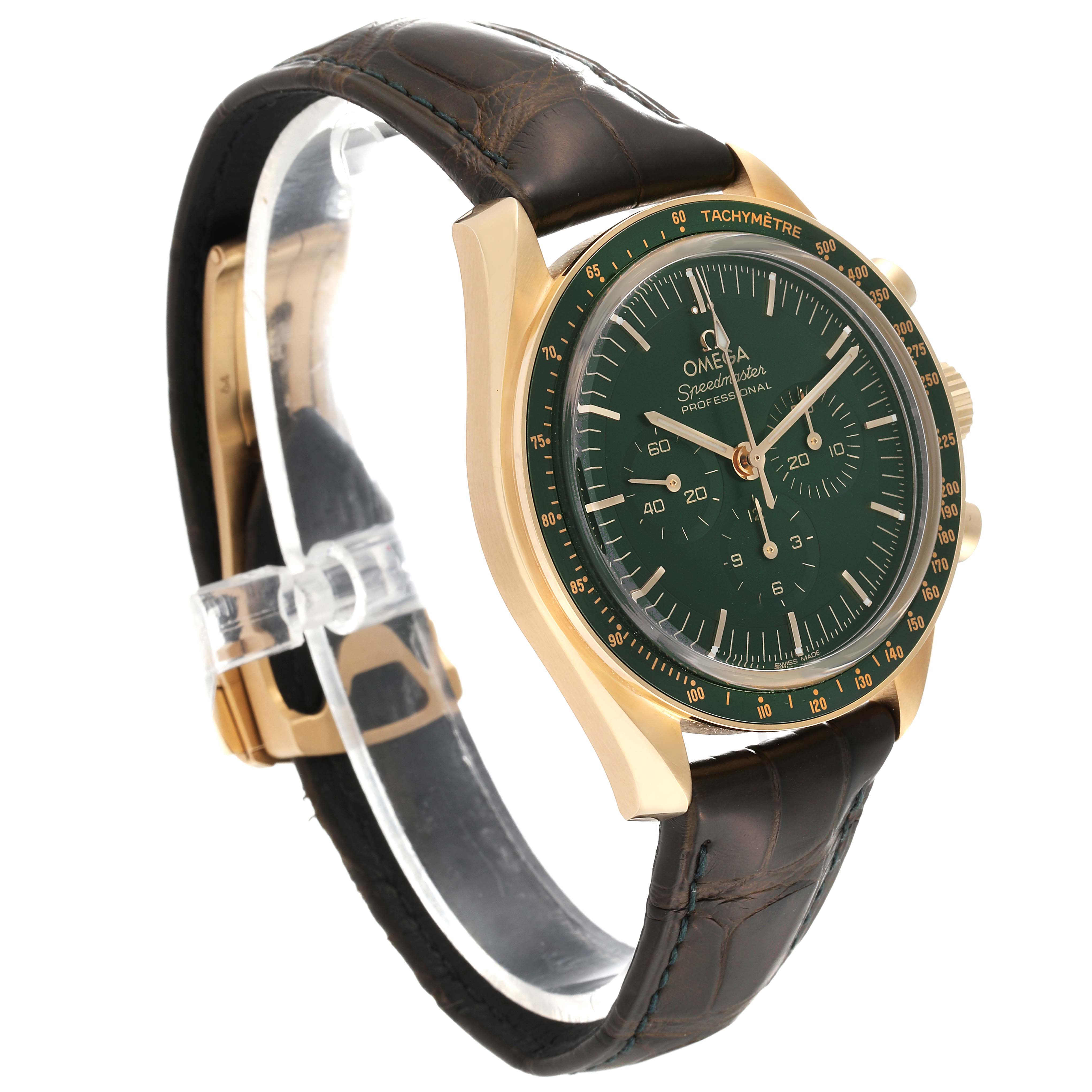The Omega Speedmaster 310.63.42.50.10.001 Men's Yellow Gold Green Dial 310.63.42.50.10.001 Men's Yellow Gold Green Dial watch is shown at a three-quarter angle, highlighting the dial, bezel, crown, and leather strap.