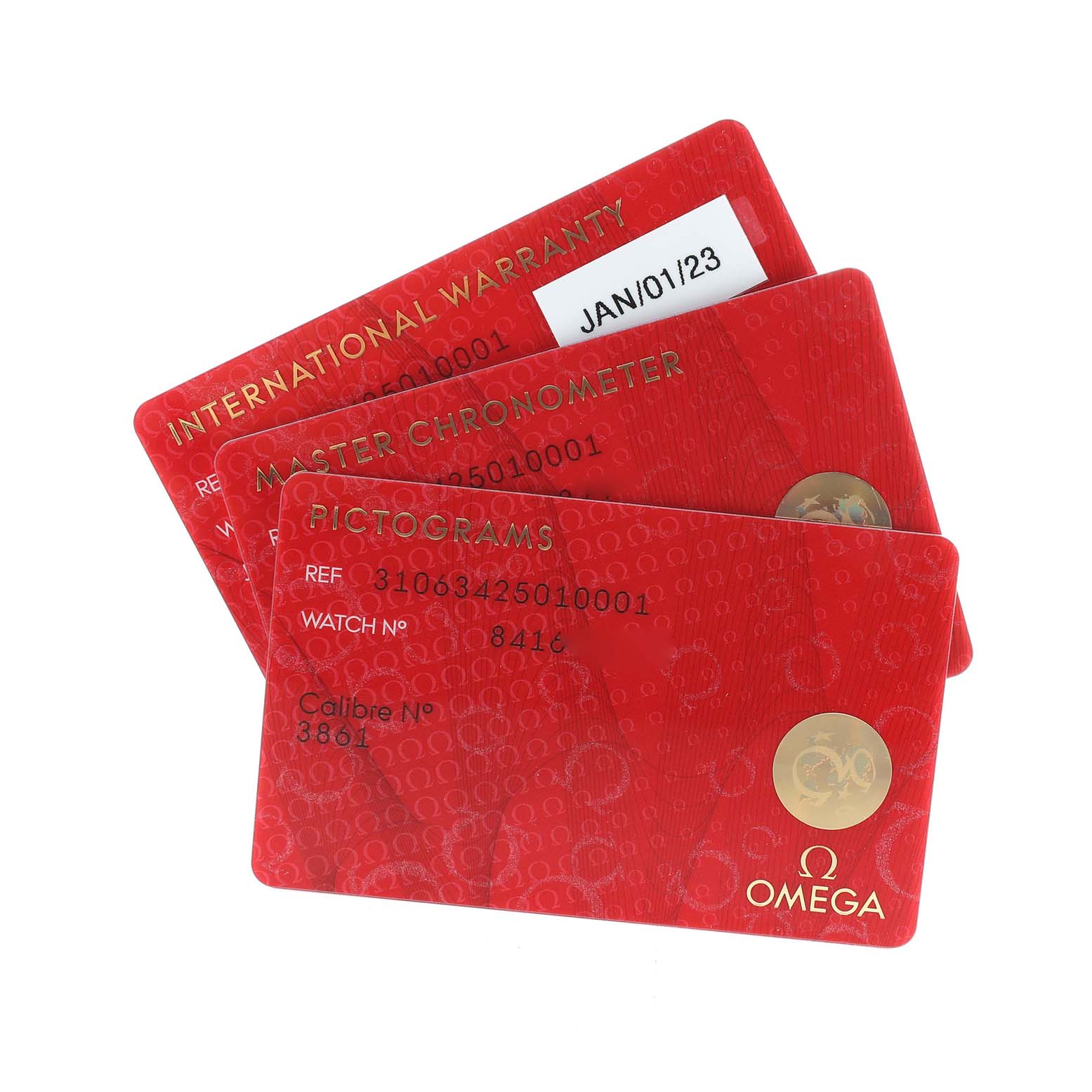 The image shows three red Omega Speedmaster 310.63.42.50.10.001 Men's Yellow Gold Green Dial 310.63.42.50.10.001 Men's Yellow Gold Green Dial warranty and certification cards: International Warranty, Master Chronometer, and Pictograms.