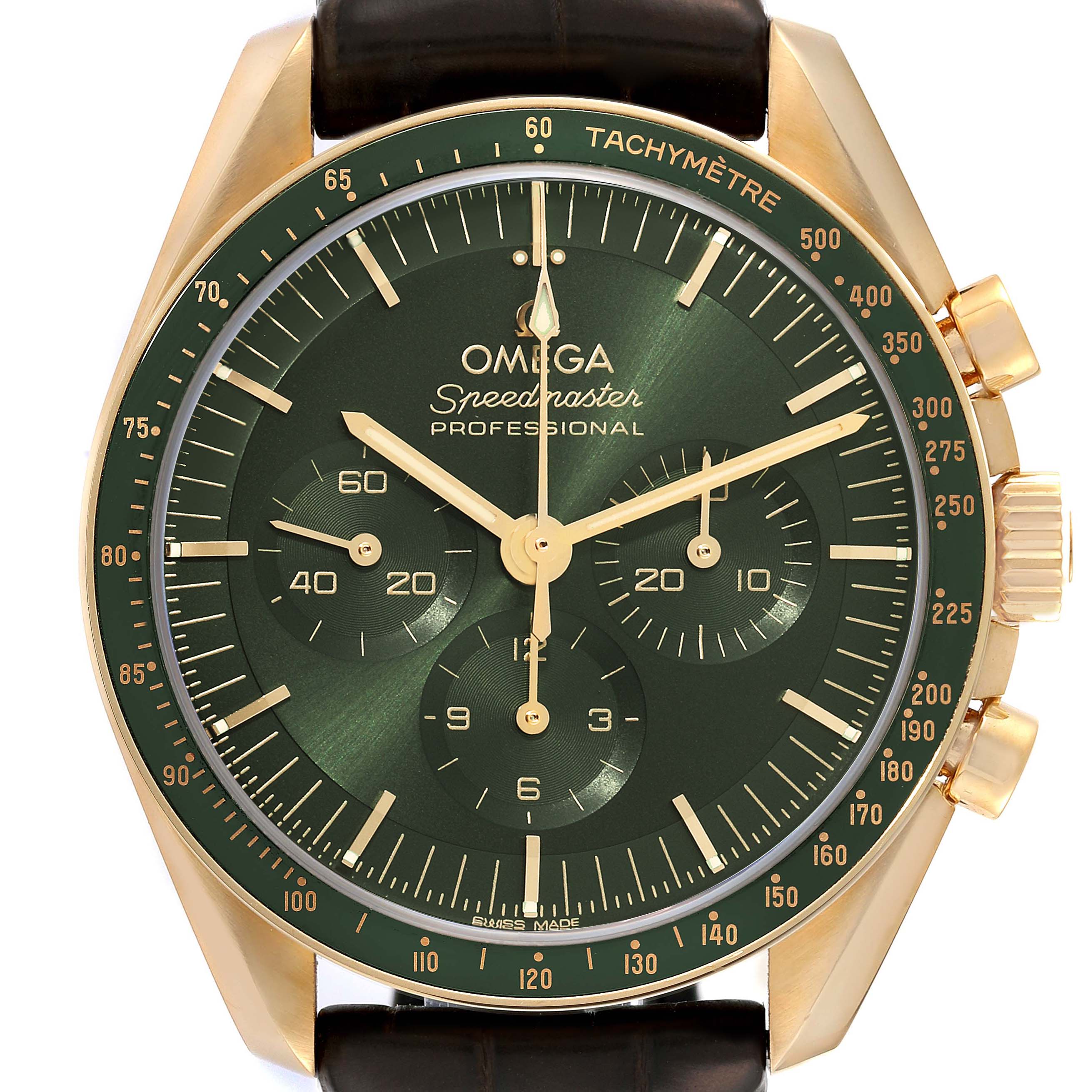 The image shows a front view of the Omega Speedmaster 310.63.42.50.10.001 Men's Yellow Gold Green Dial 310.63.42.50.10.001 Men's Yellow Gold Green Dial Professional watch, highlighting its green dial, gold case, and sub-dials.