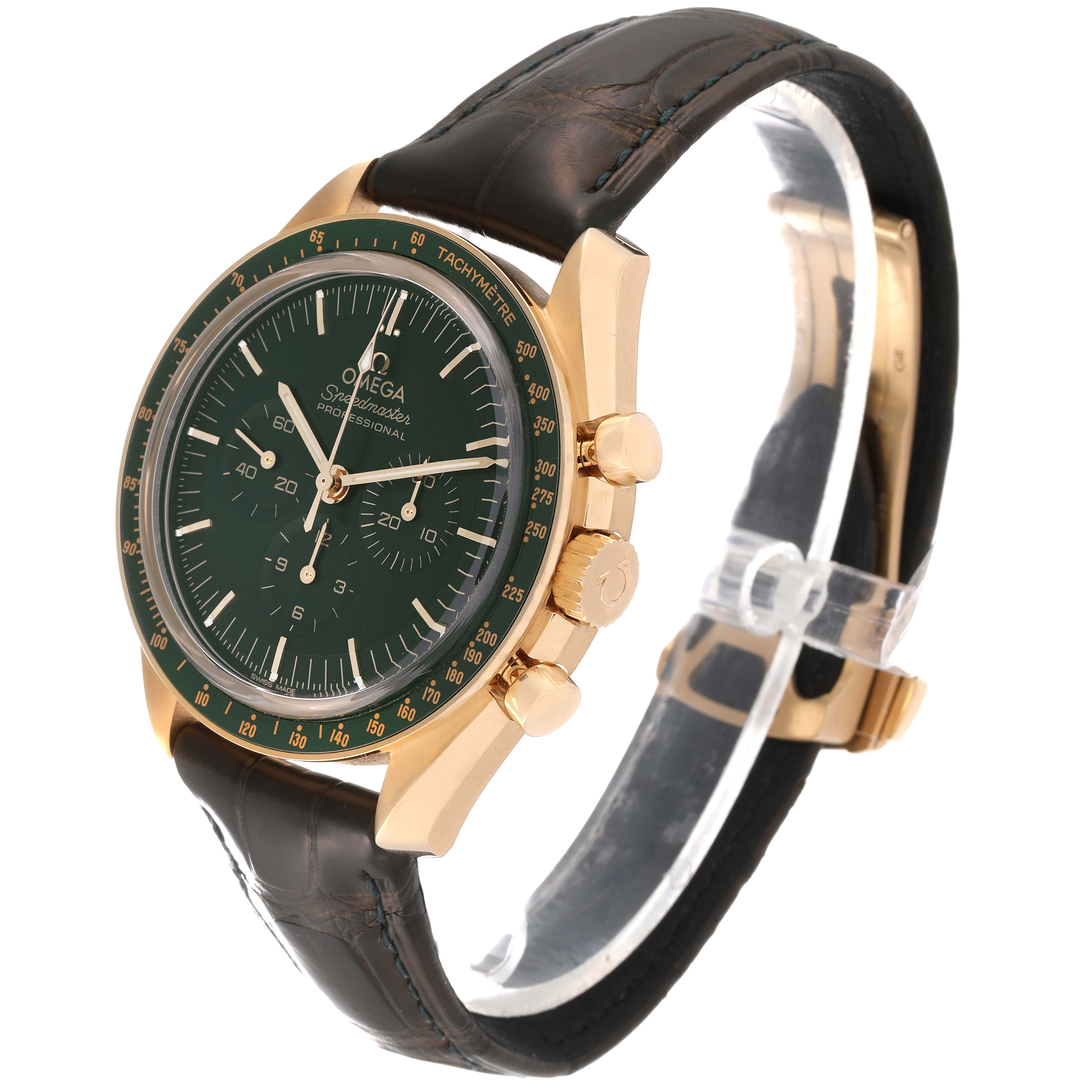 This image shows an angled view of an Omega Speedmaster 310.63.42.50.10.001 Men's Yellow Gold Green Dial 310.63.42.50.10.001 Men's Yellow Gold Green Dial watch, displaying its green dial, gold case, and black leather strap.