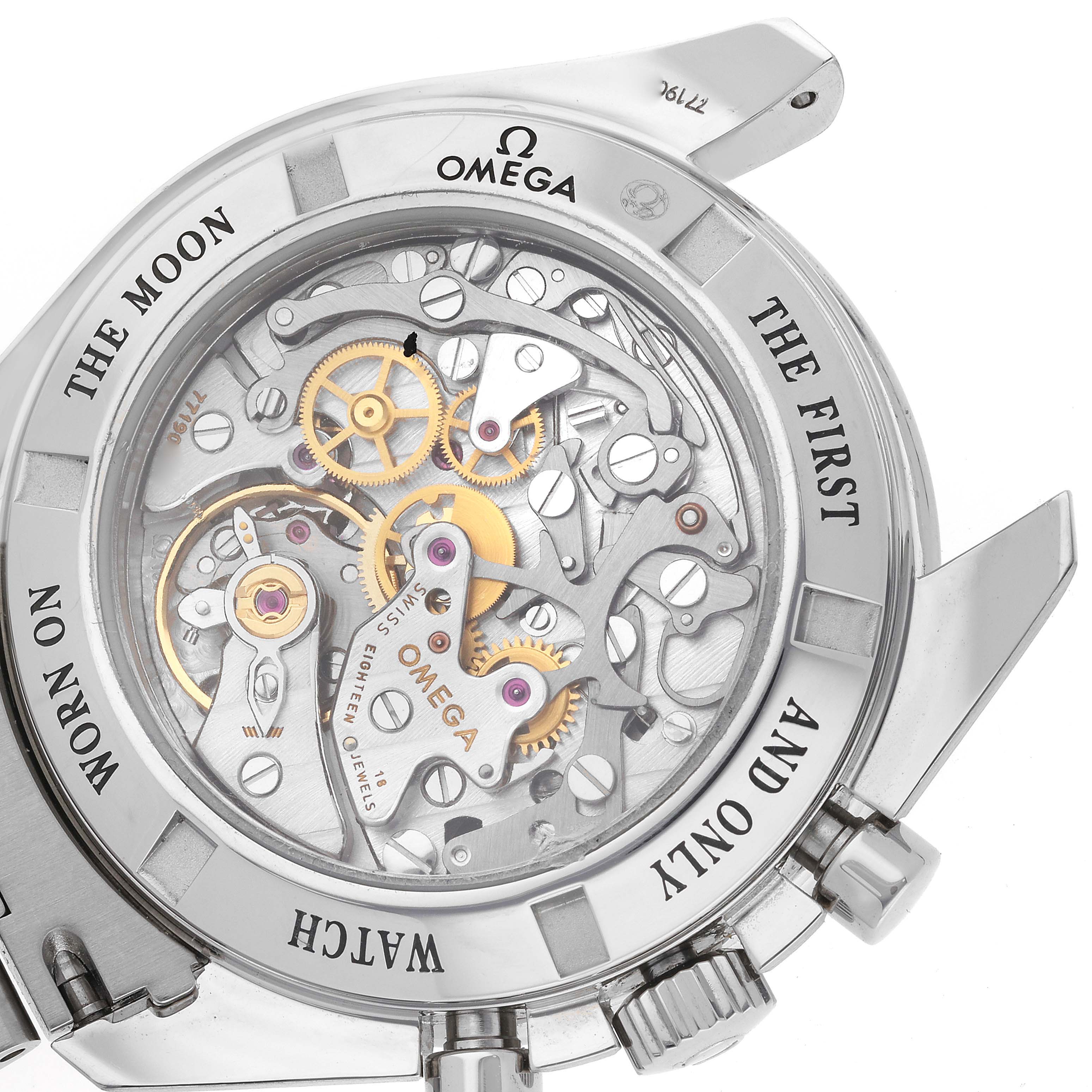 The image shows the Omega Speedmaster 3573.50.00 Men
s Stainless Steel Black Dial 3573.50.00 Men
s Stainless Steel Black Dial watch case back, revealing its intricate mechanical movement.