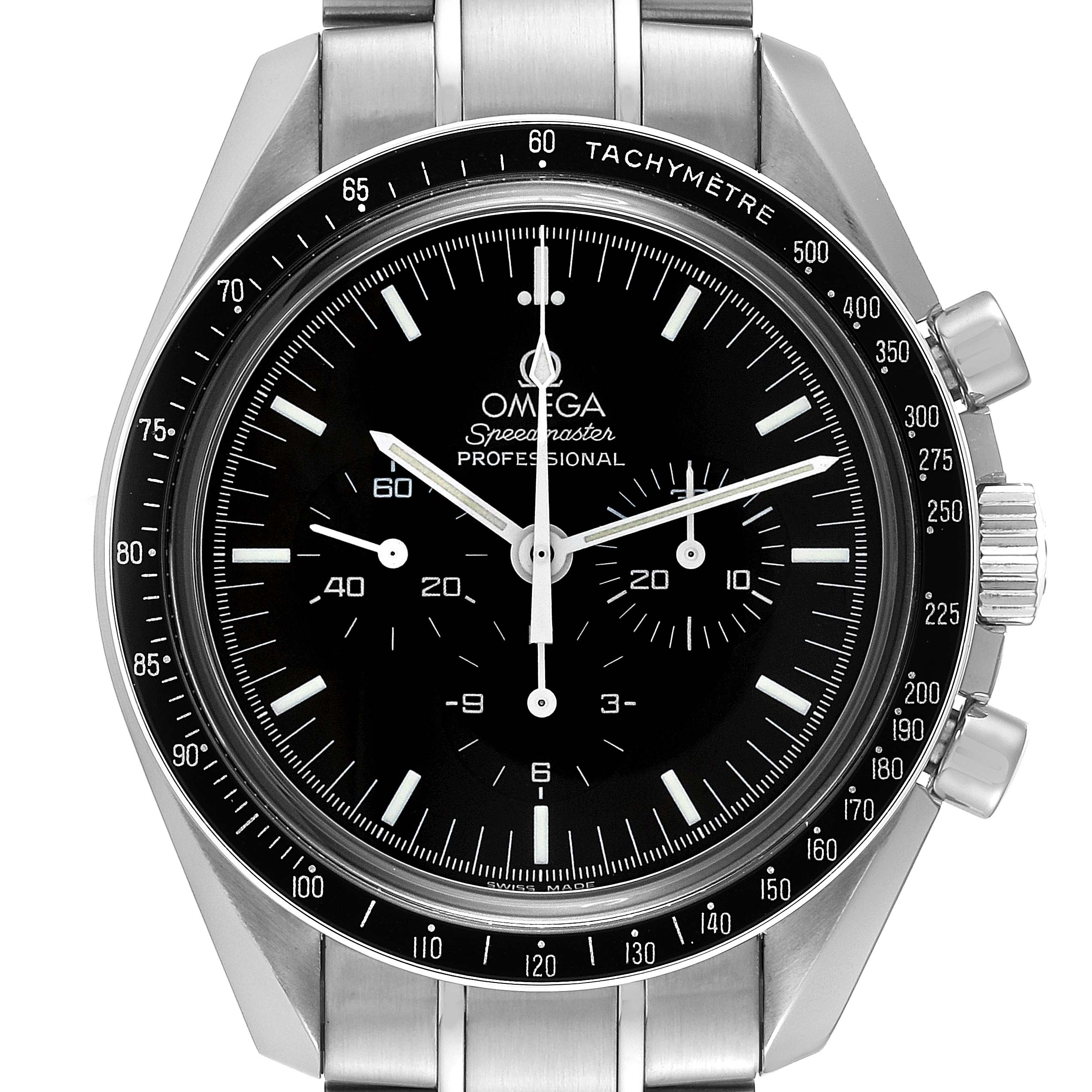 The image shows a front view of the Omega Speedmaster 3573.50.00 Men
s Stainless Steel Black Dial 3573.50.00 Men
s Stainless Steel Black Dial watch, highlighting its dial, tachymeter bezel, and stainless steel bracelet.